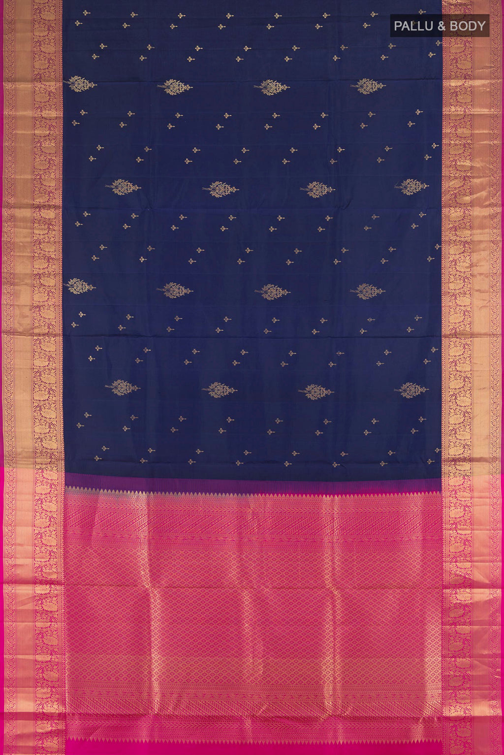 Flat view of Navy Blue Soft Silk Saree with Zari Butta on the body and Silk Border. 