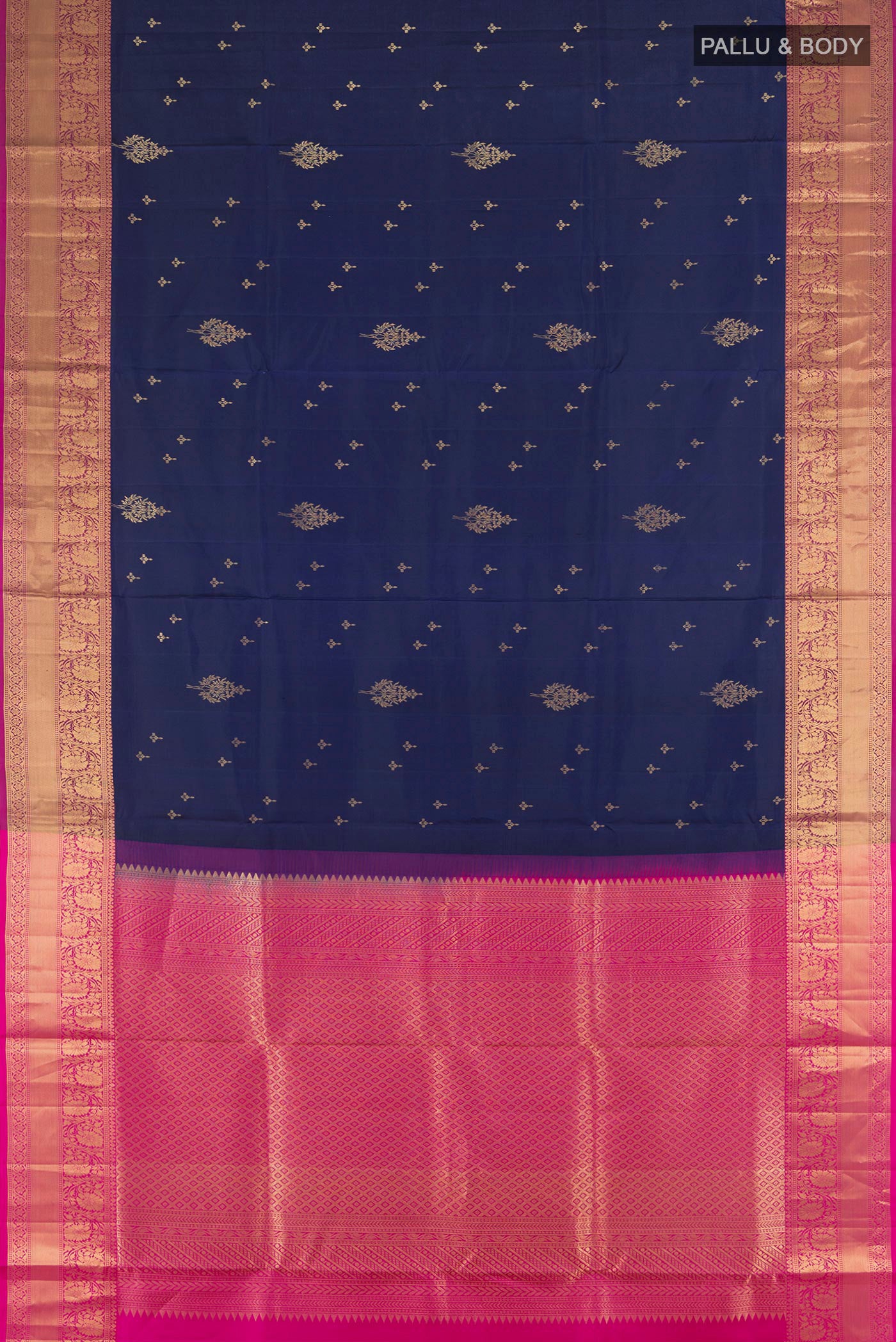 Flat view of Navy Blue Soft Silk Saree with Zari Butta on the body and Silk Border. 