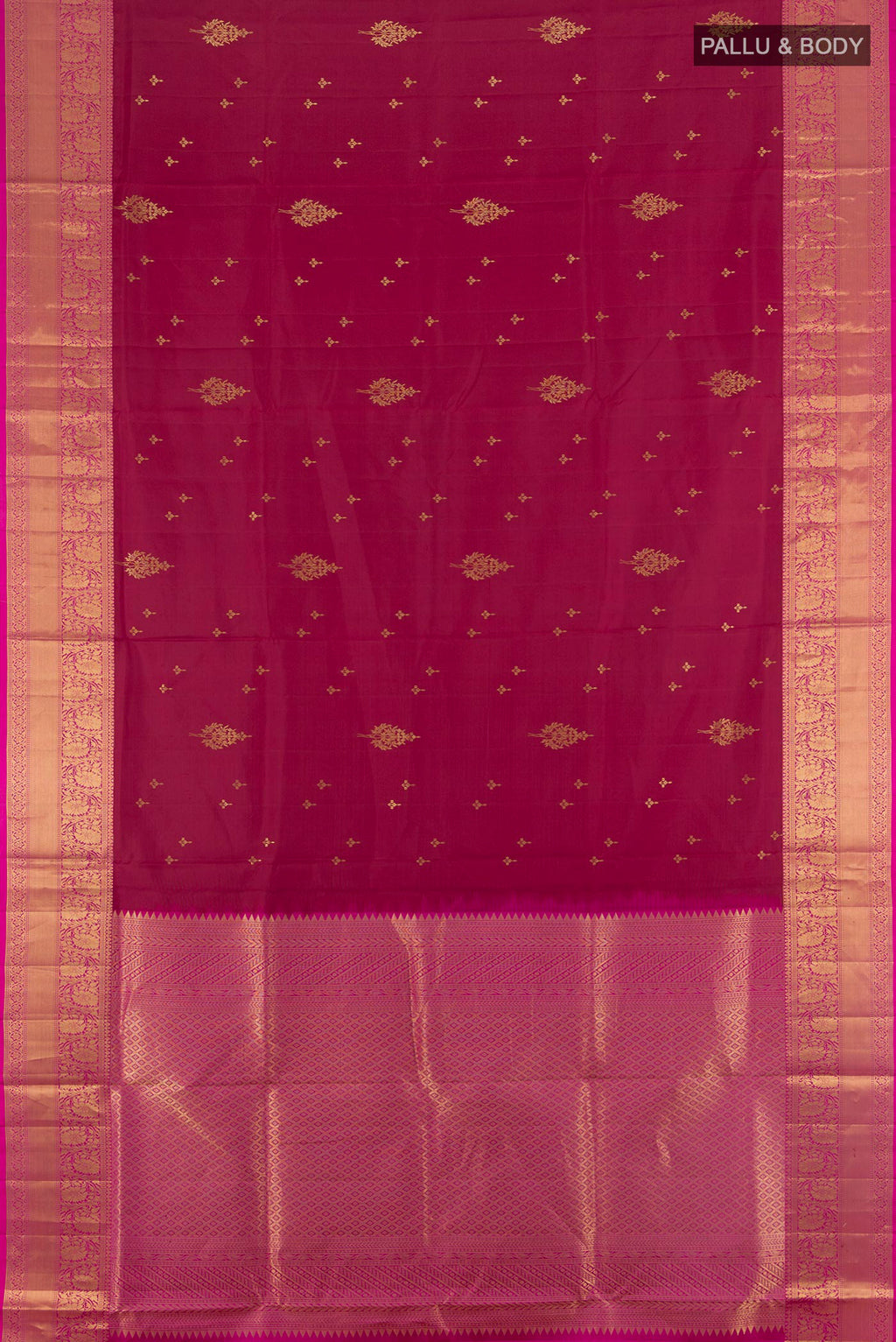 Flat view of Pure Silk Maroon Soft Saree with Zari Butta on the body and Zari Border. 