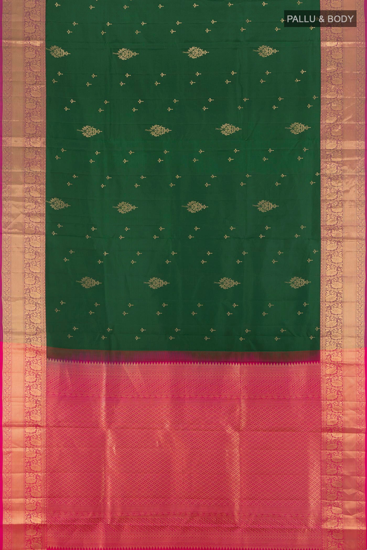 Flat view of Bottle Green Soft Silk Saree with Zari Butta on the body and Zari Border. 