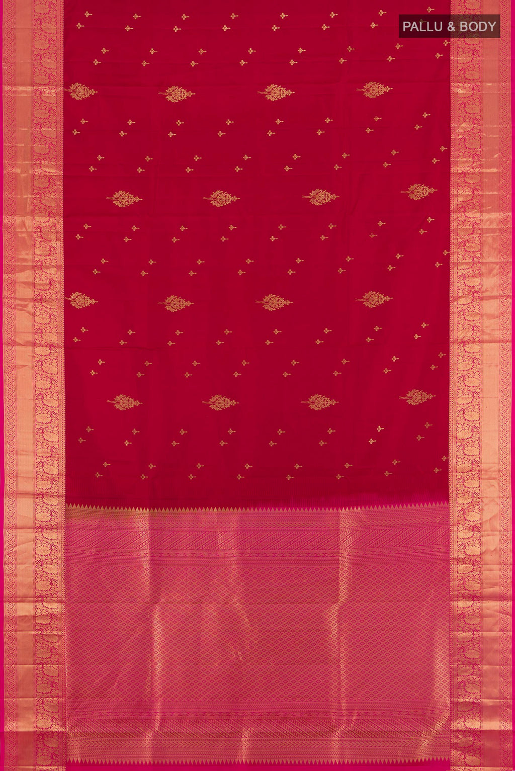 Flat view of Maroon Soft Silk Saree with Zari Butta on the body and Zari Border. 