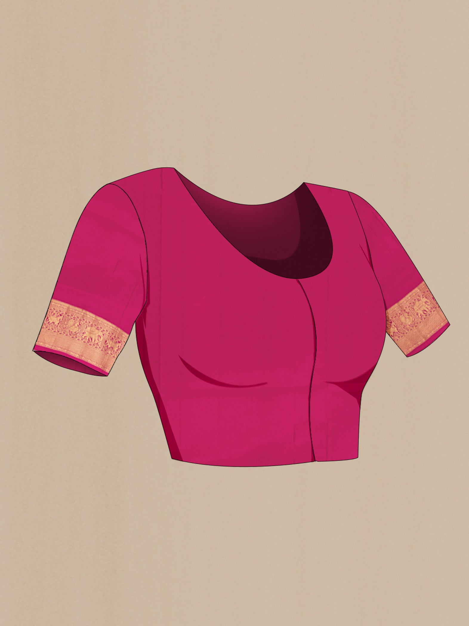 Close up image of the blouse of Peach Soft Silk Saree with Zari Butta on the body and Silk Border. 