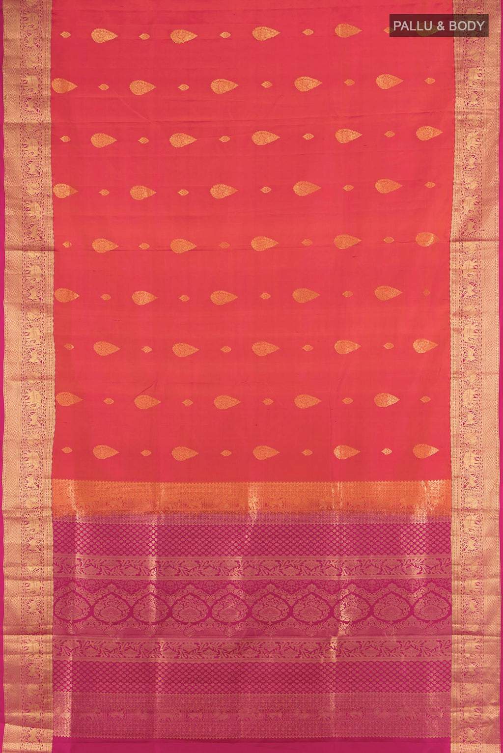 Flat view of Peach Soft Silk Saree with Zari Butta on the body and Silk Border. 
