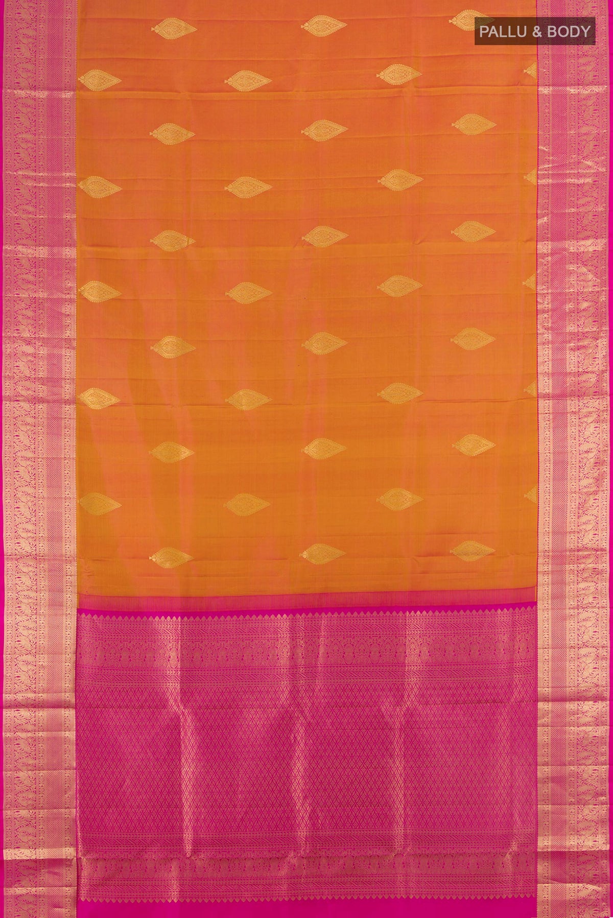 Flat view of Pure Silk Mustard Soft Saree with Zari Butta on the body and Zari Border. 