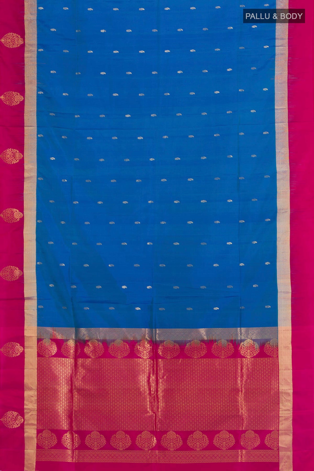 Flat view of Pure Silk Light Blue Soft Saree with Zari Butta on the body and Zari Border. 
