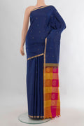 Pure Silk Navy Blue Soft Saree with Zari Butta on the body and Zari Border.  displayed on a mannequin