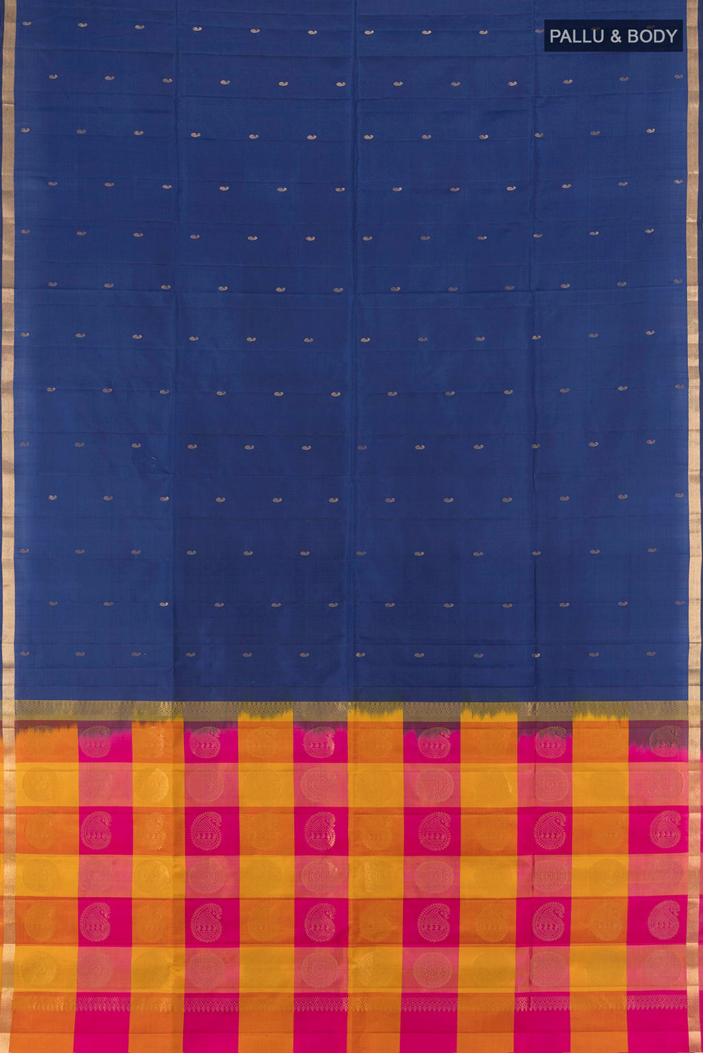 Flat view of Pure Silk Navy Blue Soft Saree with Zari Butta on the body and Zari Border. 