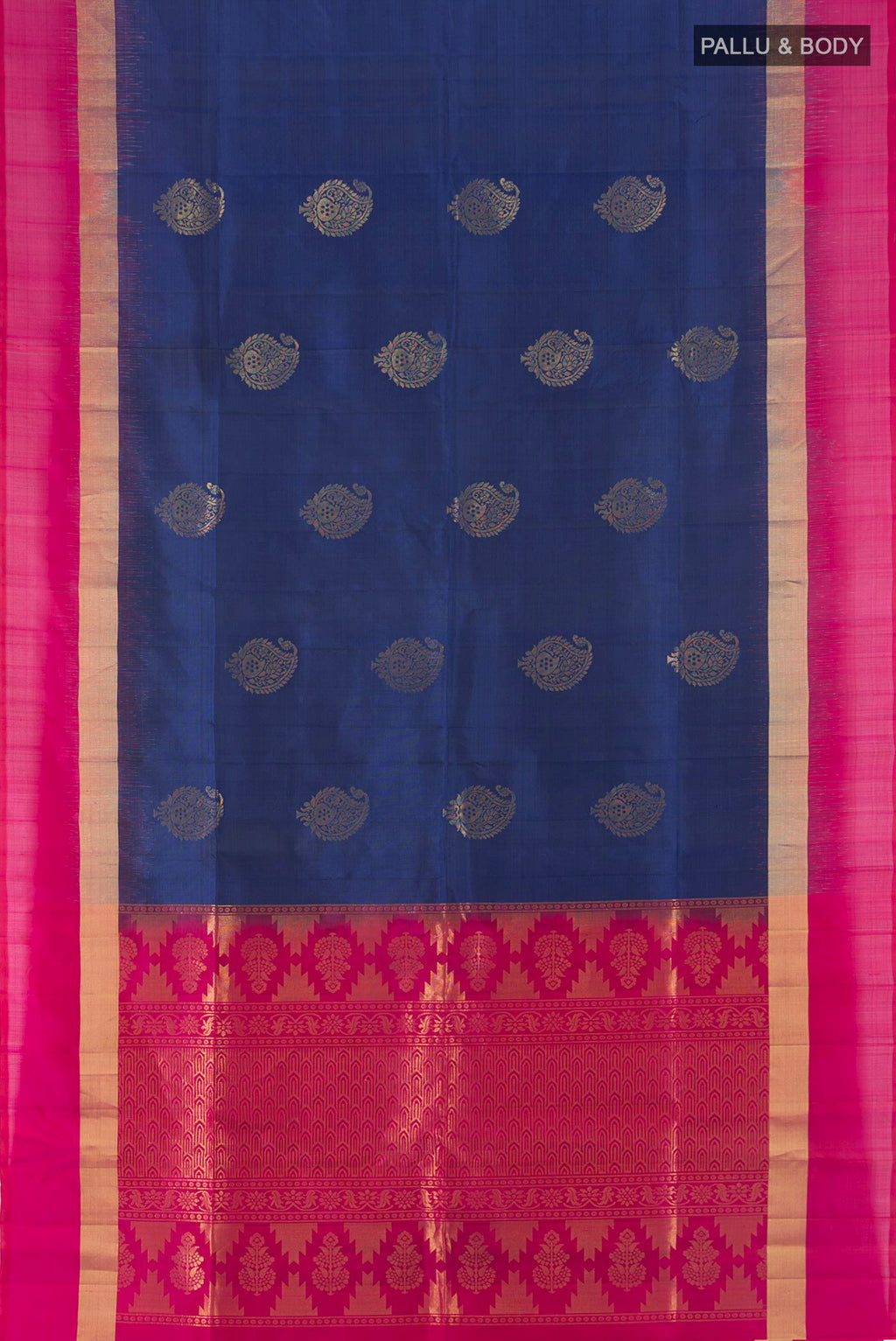 Flat view of Pure Silk Blue Soft Saree with Zari Butta on the body and Plain Border. 