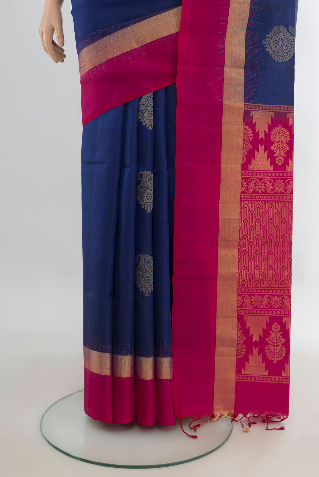 Pleats and pallu of Pure Silk Blue Soft Saree with Zari Butta on the body and Plain Border. 