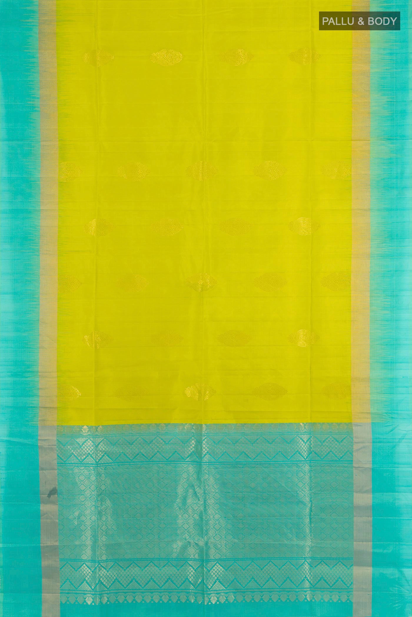 Flat view of Parrot Green Soft Silk Saree with Zari Butta on the body and Silk Border. 