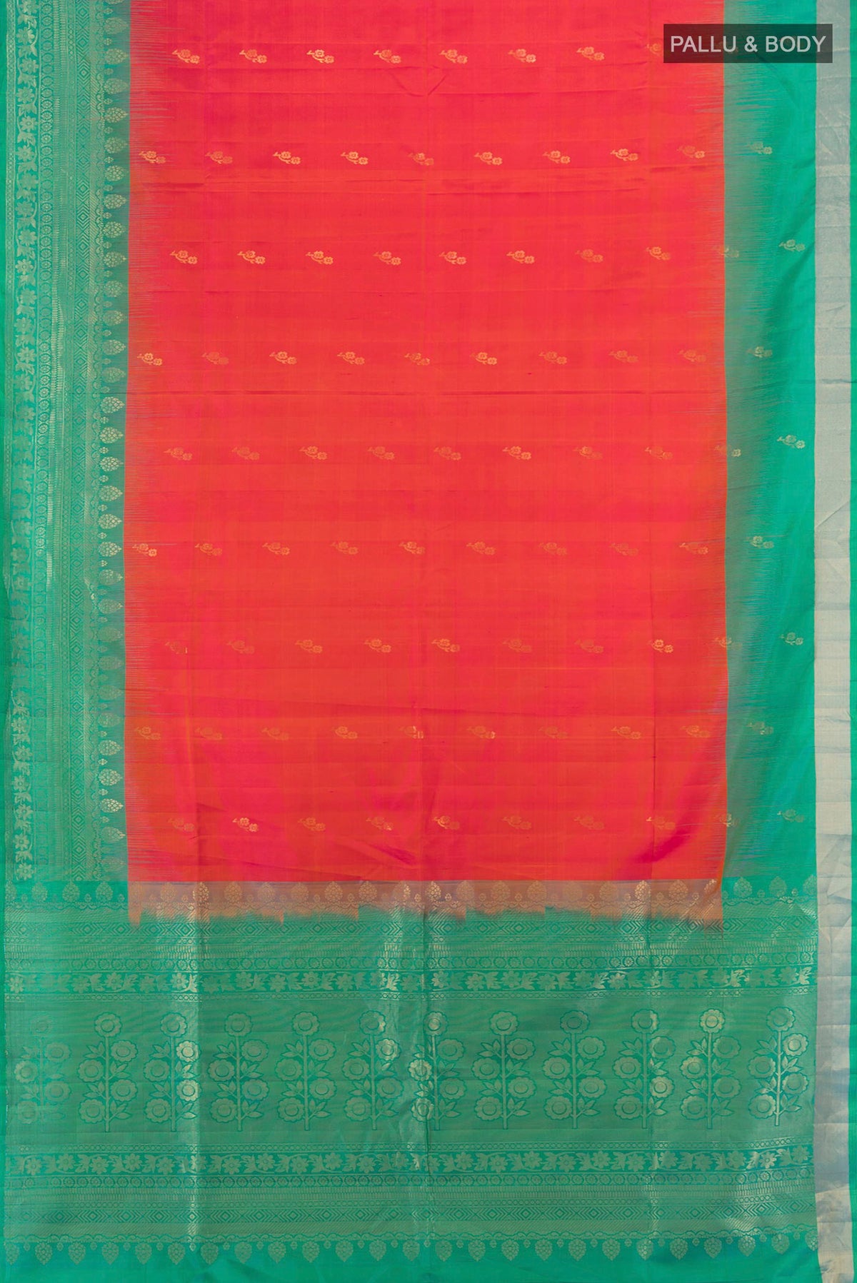 Flat view of Pure Silk Brick Orange Soft Saree with Zari Butta on the body and Zari Border. 