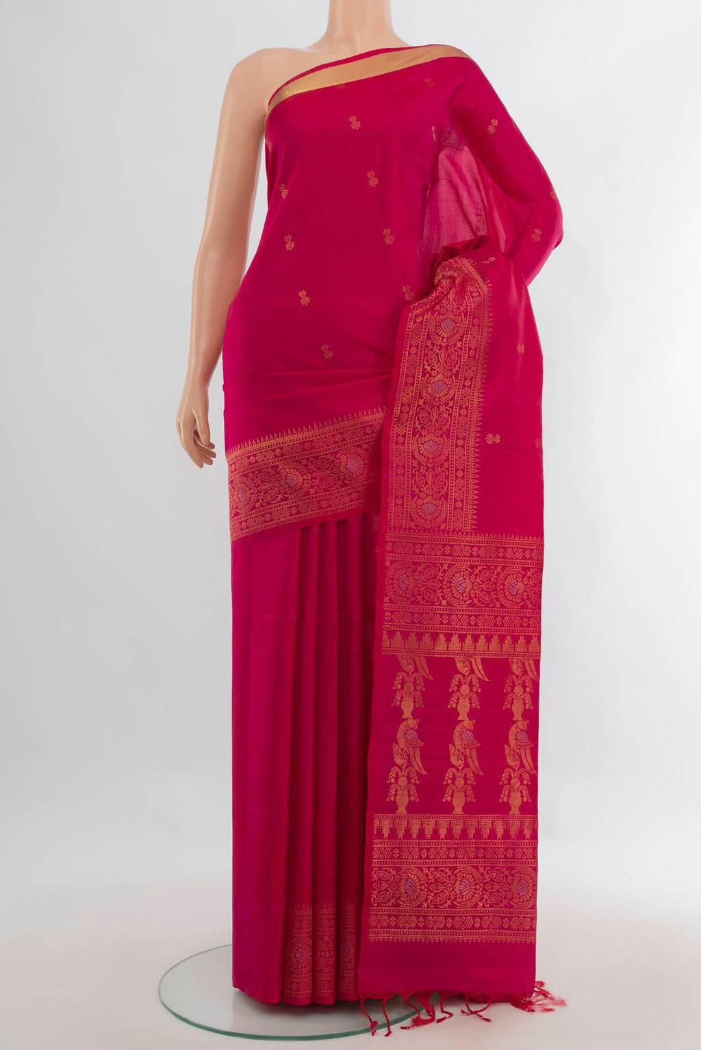 Pure Silk Dark Pink Soft Saree with Zari Butta on the body and Fancy Border.  displayed on a mannequin