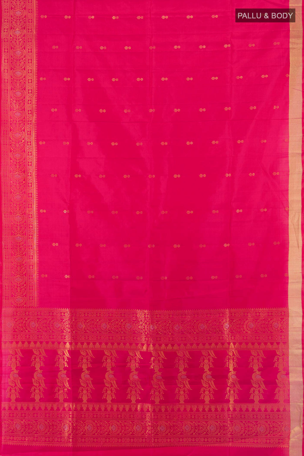 Flat view of Pure Silk Dark Pink Soft Saree with Zari Butta on the body and Fancy Border. 