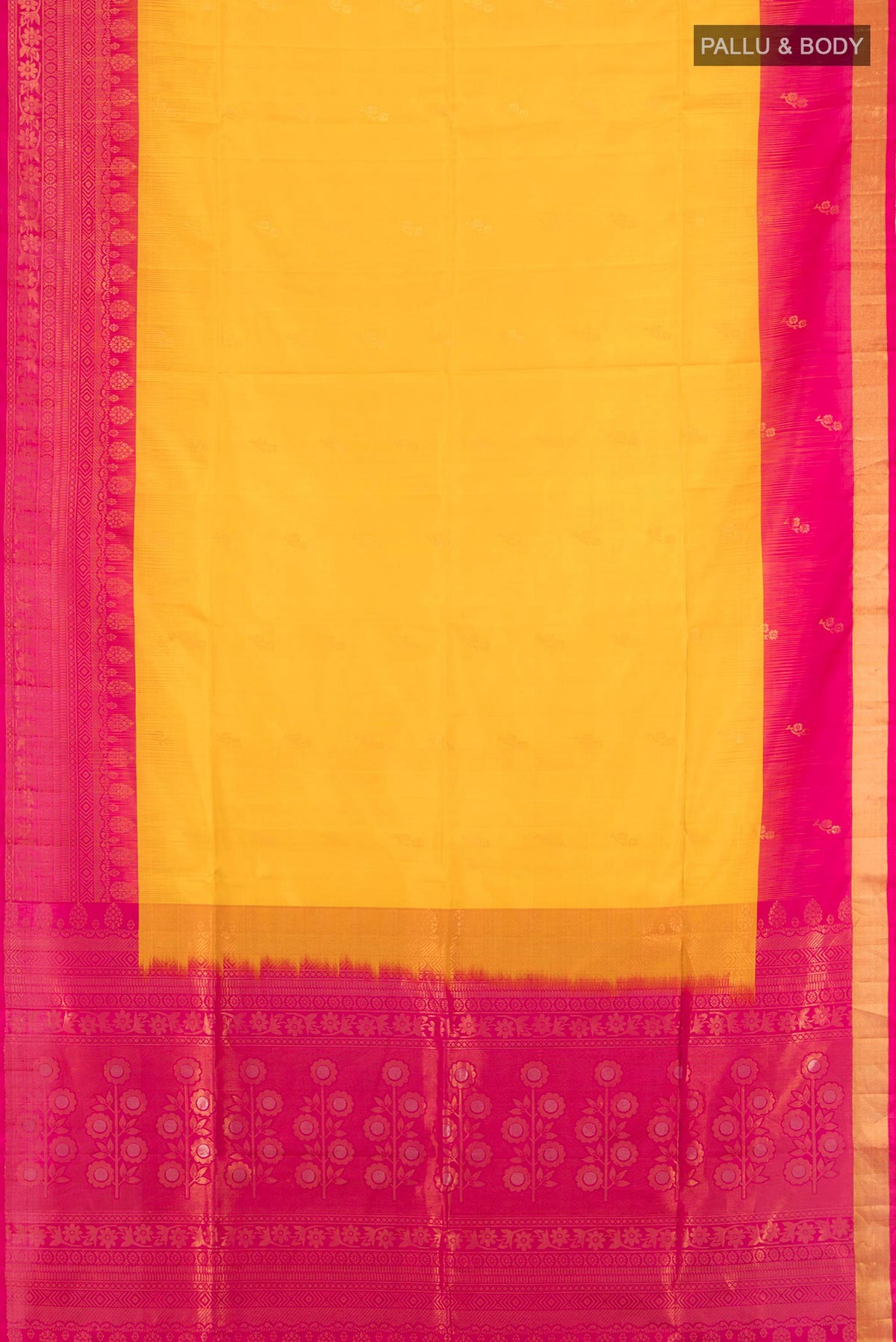 Flat view of Pure Silk Mustard Soft Saree with Zari Butta on the body and Zari Border. 