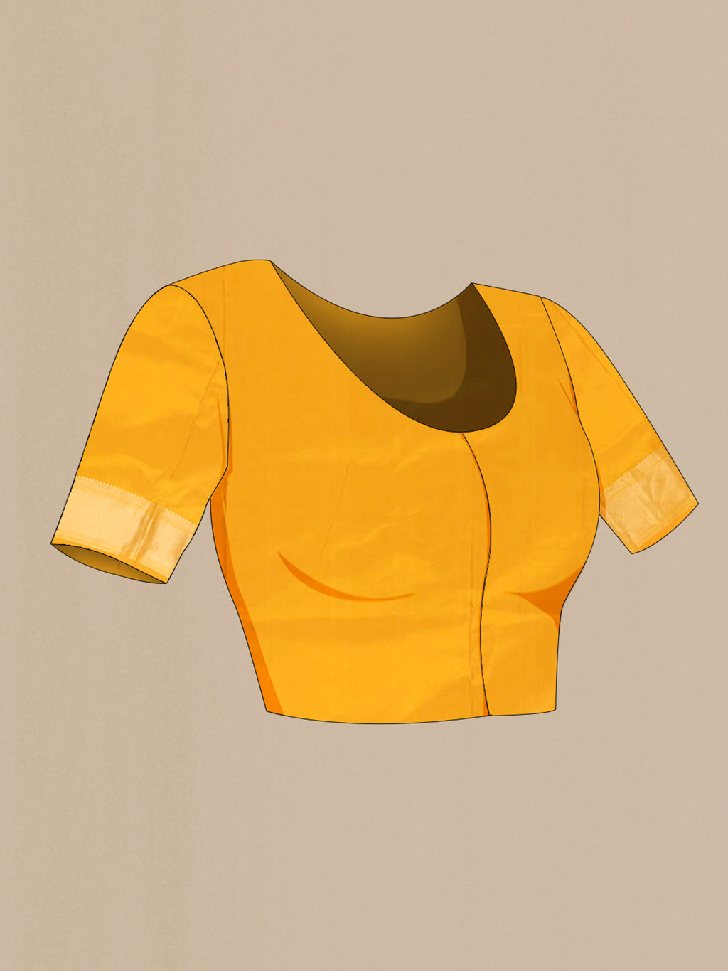 Close up image of the blouse of Pure Silk Yellow Soft Saree with Zari Brocade on the body and Zari Border. 