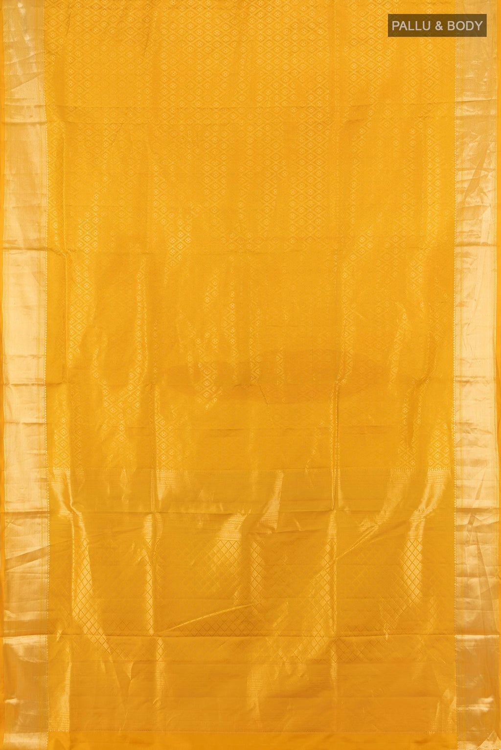 Flat view of Pure Silk Yellow Soft Saree with Zari Brocade on the body and Zari Border. 
