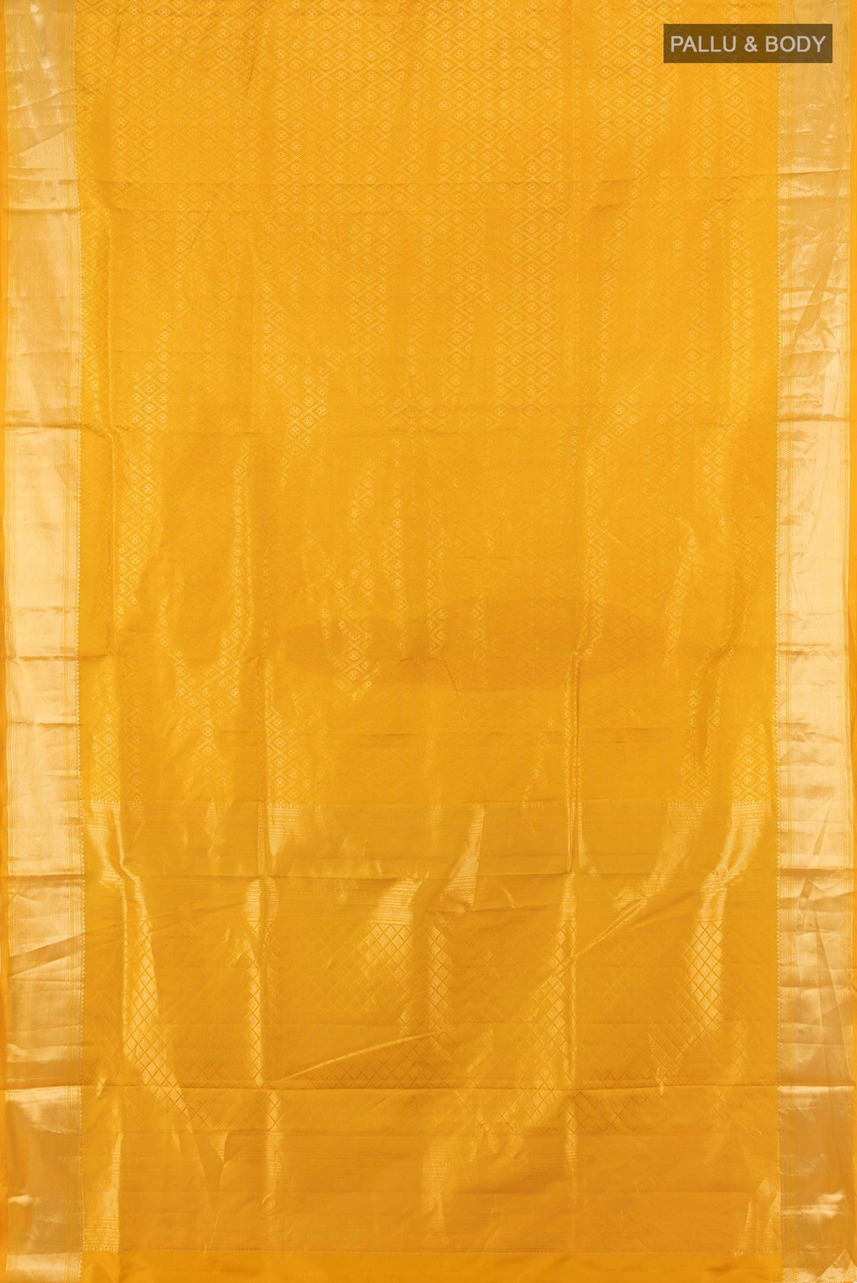 Flat view of Pure Silk Yellow Soft Saree with Zari Brocade on the body and Zari Border. 