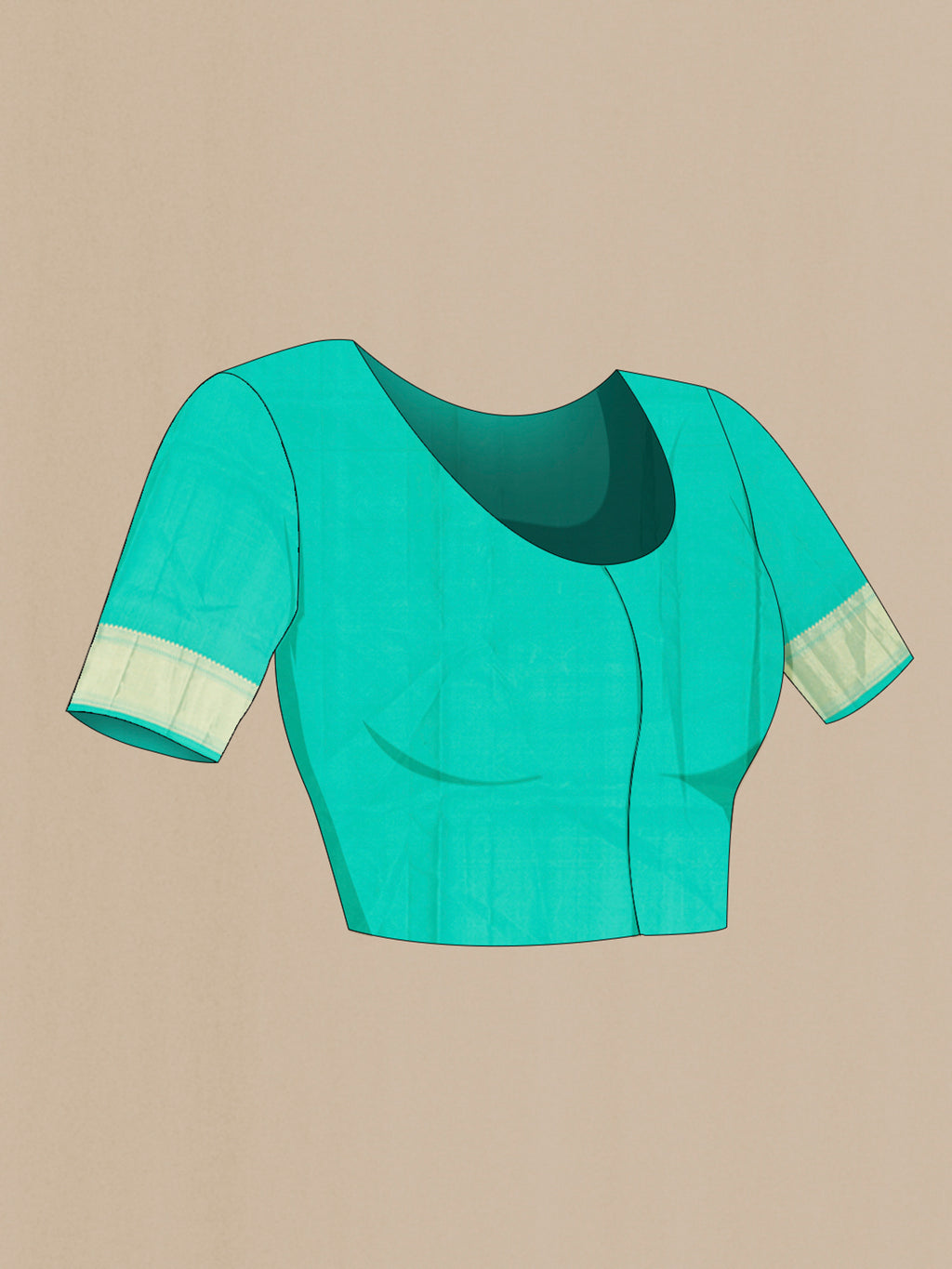Close up image of the blouse of Turquoise Soft Silk Saree with Zari Brocade on the body and Zari Border. 