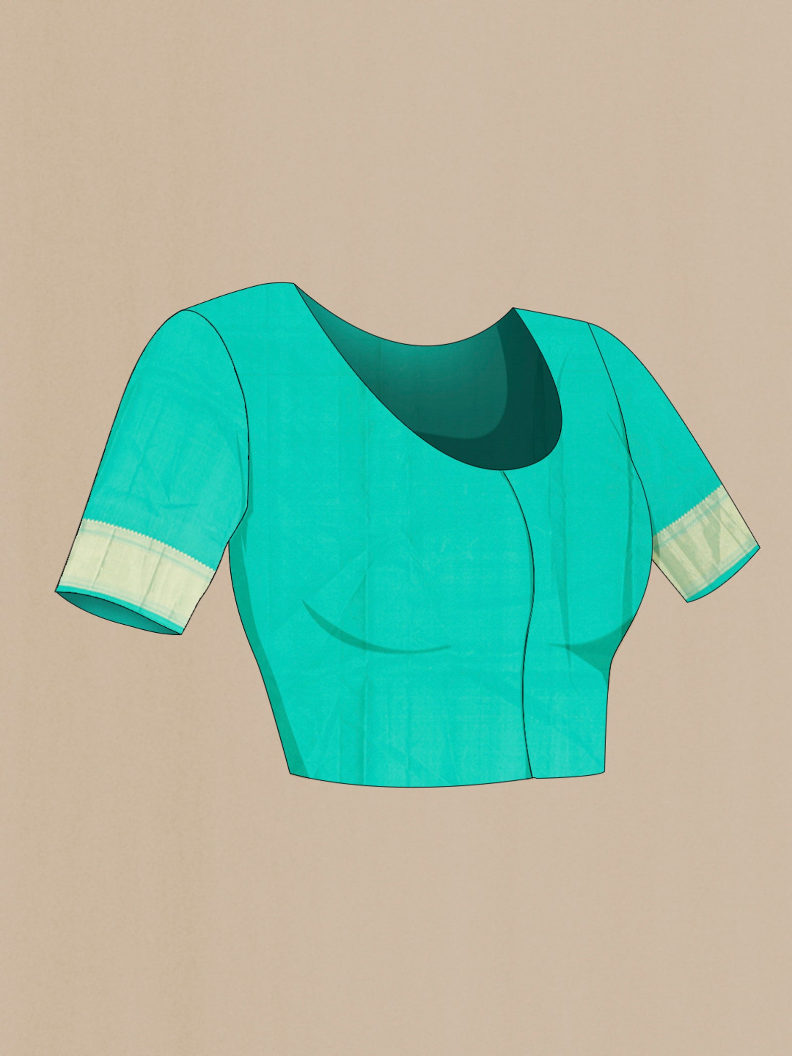 Close up image of the blouse of Turquoise Soft Silk Saree with Zari Brocade on the body and Zari Border. 
