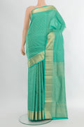 Turquoise Soft Silk Saree with Zari Brocade on the body and Zari Border.  displayed on a mannequin