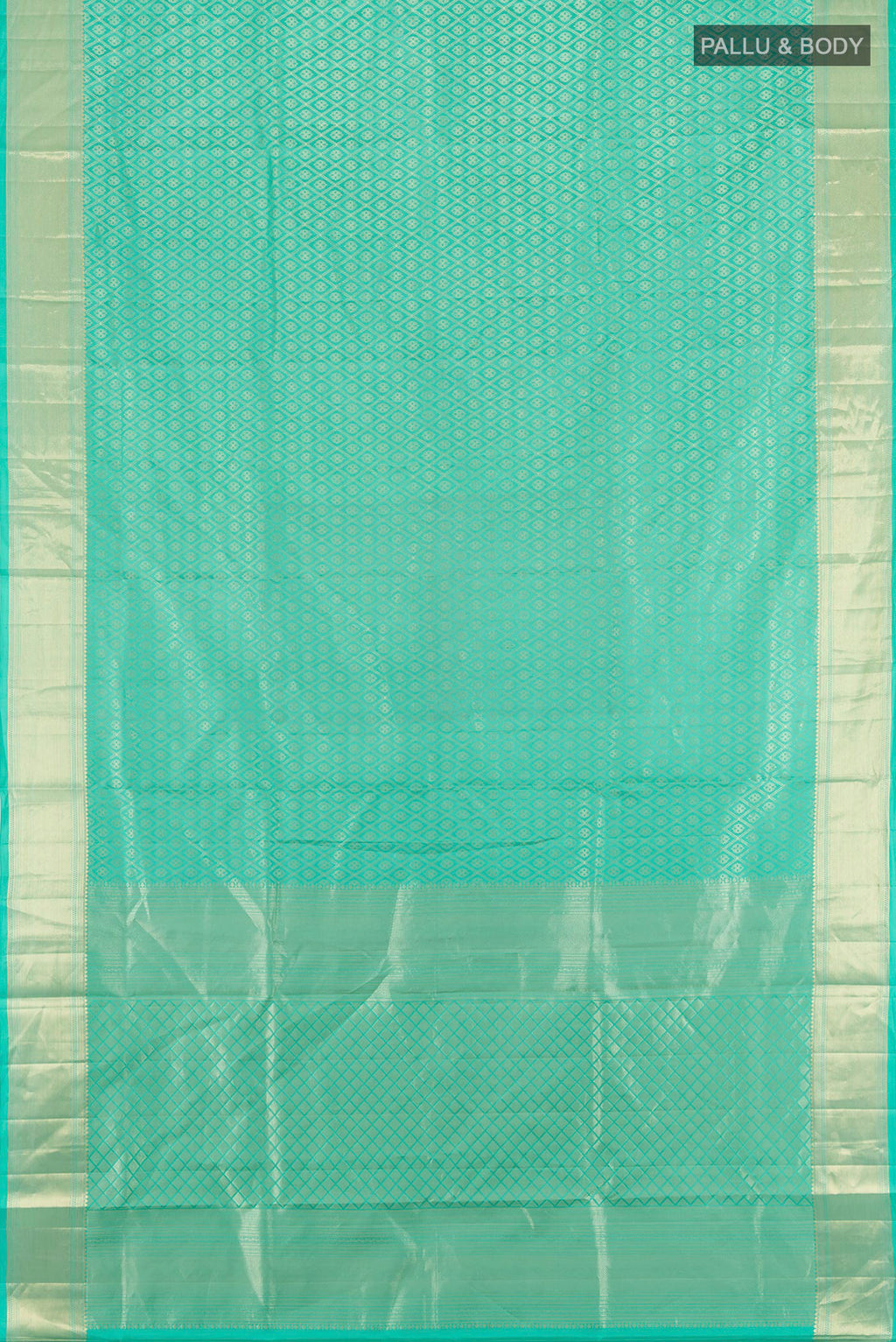 Flat view of Turquoise Soft Silk Saree with Zari Brocade on the body and Zari Border. 