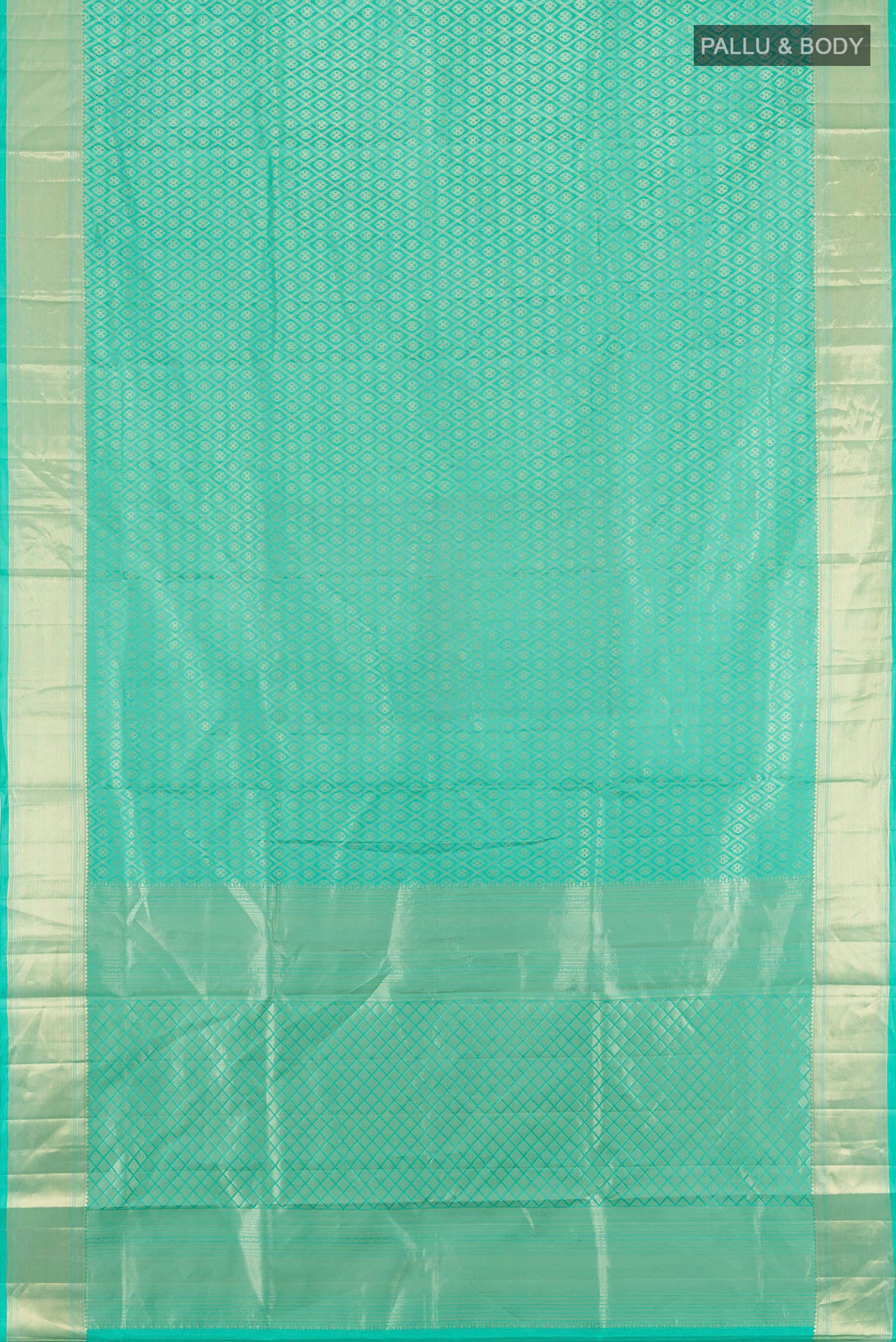 Flat view of Turquoise Soft Silk Saree with Zari Brocade on the body and Zari Border. 