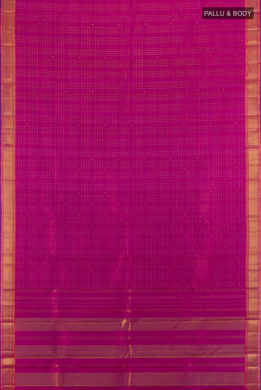 Flat view of Pure Silk Pure Zari Magenta Kanchipuram Saree with Checked design on the body and Zari Border. 