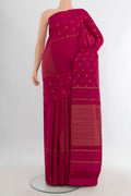 Pure Silk Pure Zari Dark Pink Kanchipuram Saree with Zari Butta on the body and Without Border.  displayed on a mannequin