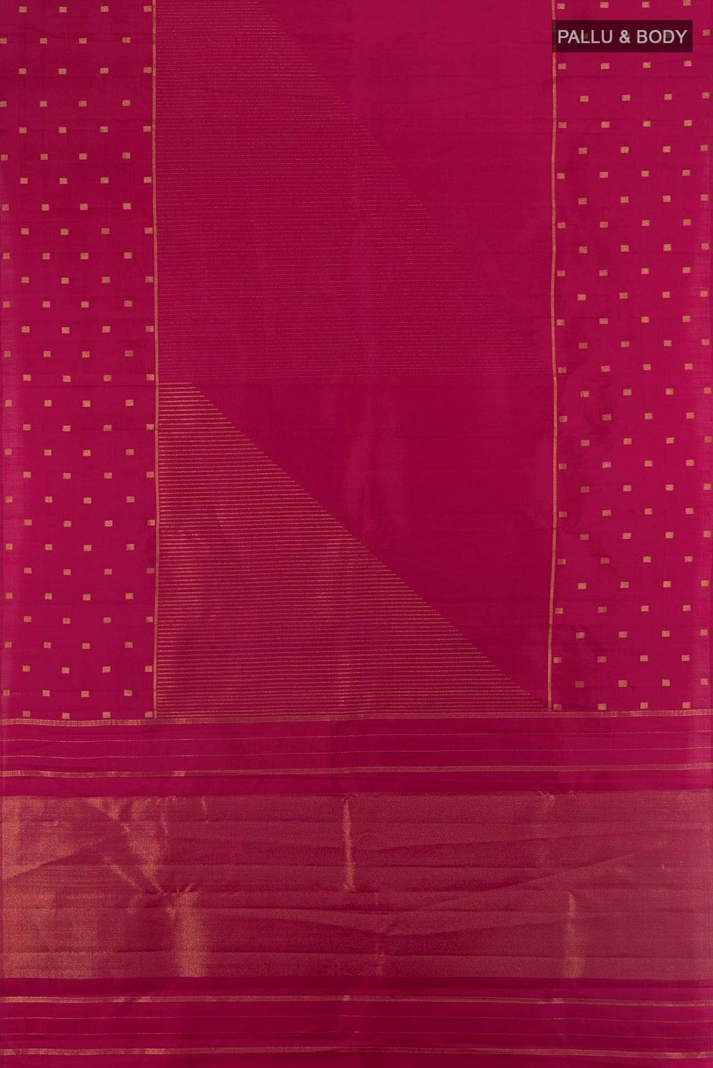 Flat view of Pure Silk Pure Zari Dark Pink Kanchipuram Saree with Zari Butta on the body and Without Border. 