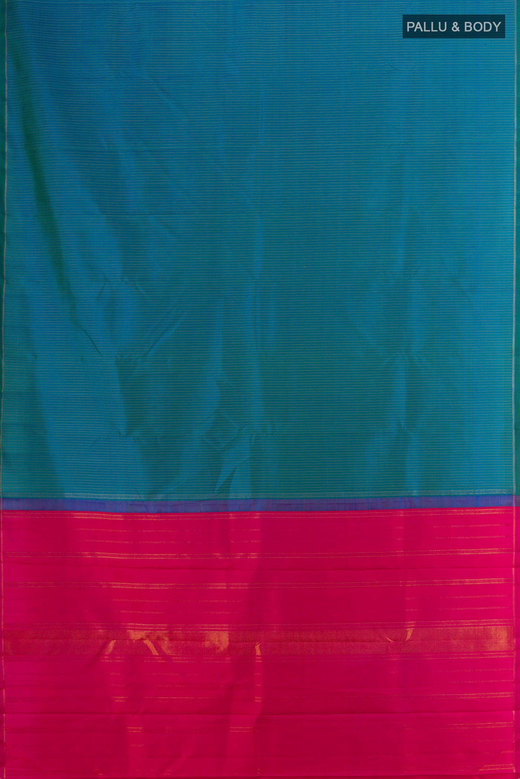 Flat view of Pure Silk Pure Zari Peacock Blue Kanjivaram Saree with Stripes on the body and Thin Zari Line. 