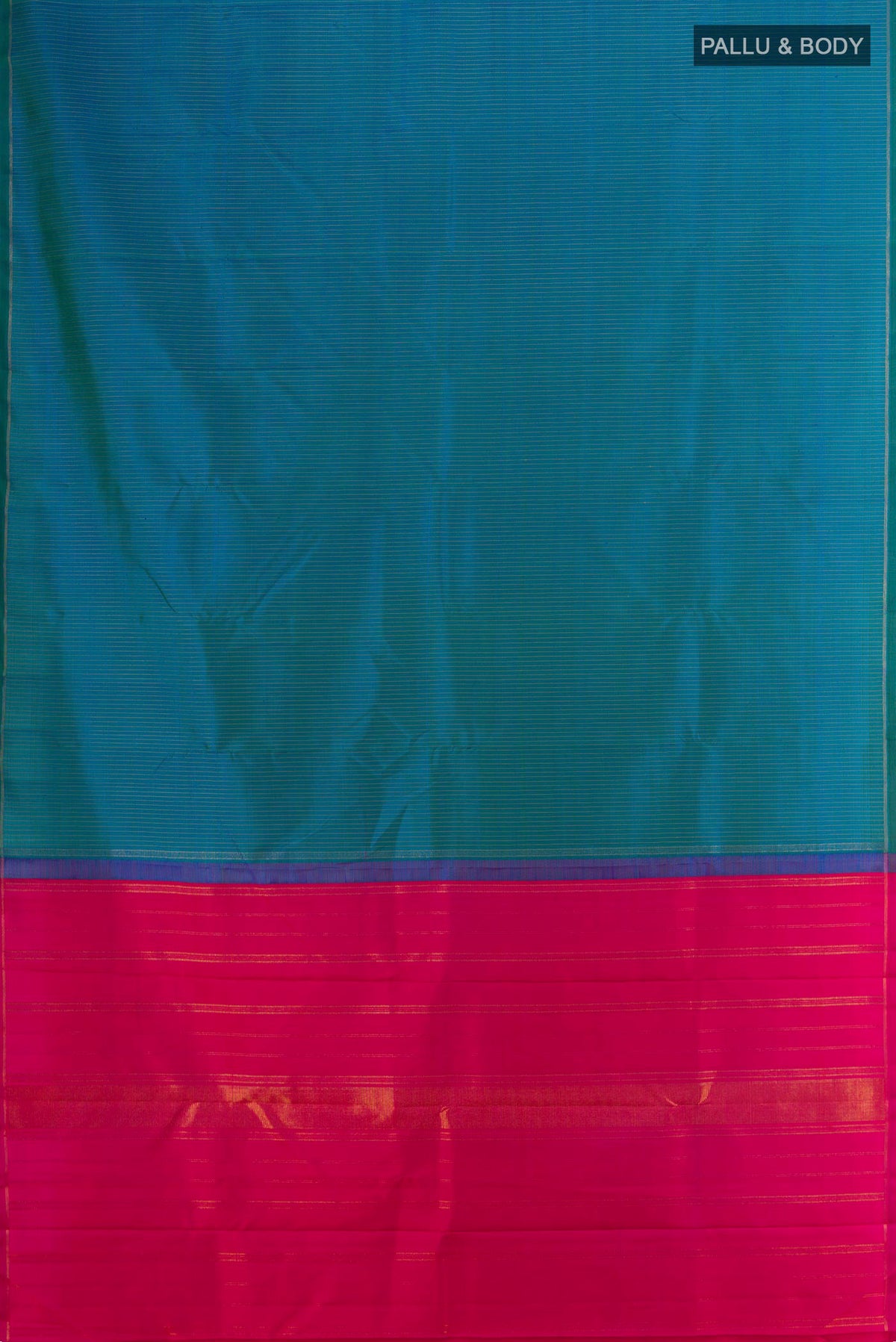 Flat view of Pure Silk Pure Zari Peacock Blue Kanjivaram Saree with Stripes on the body and Thin Zari Line. 