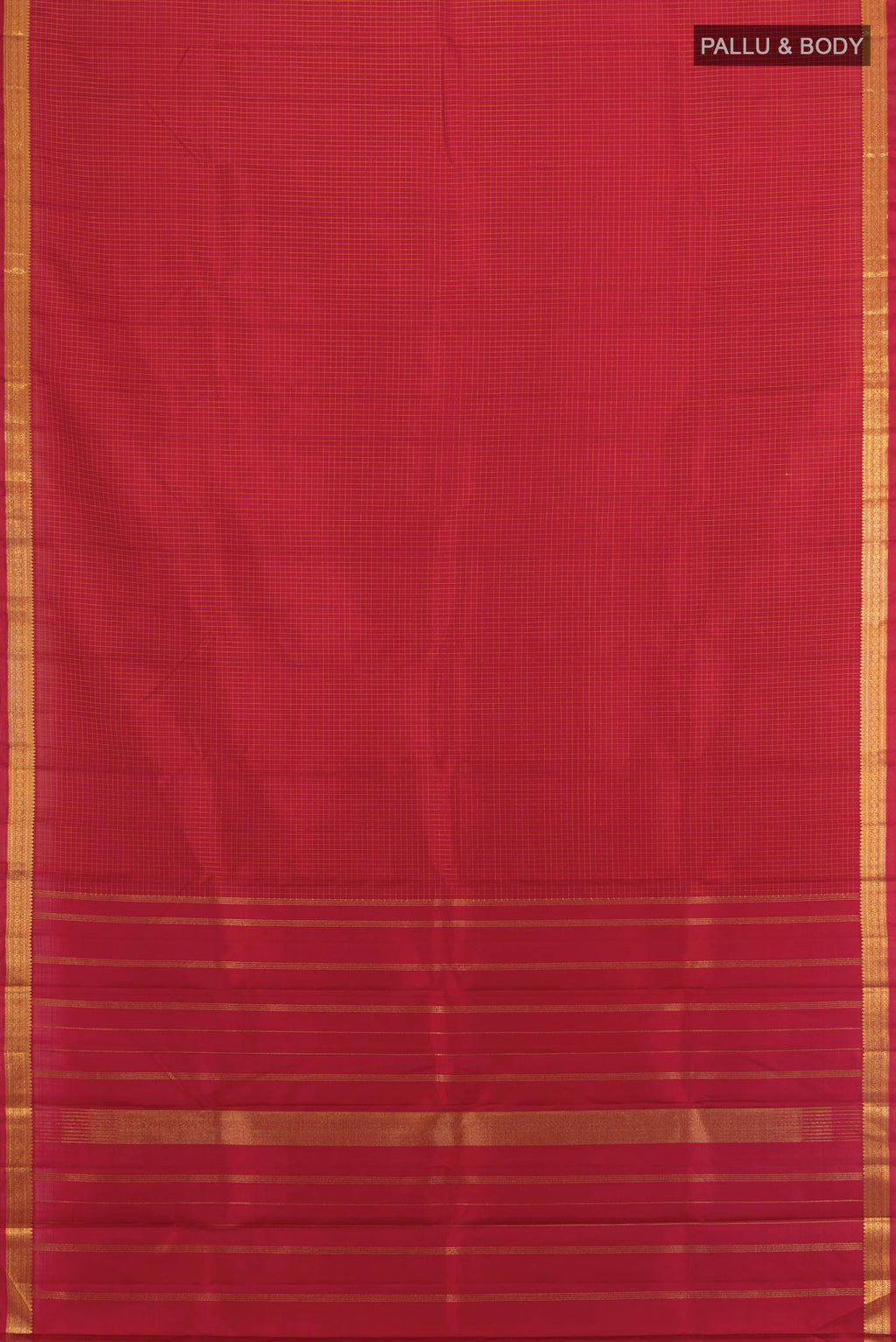 Flat view of Pure Silk Red Kanjivaram Saree with Checked design on the body and Zari Border. 