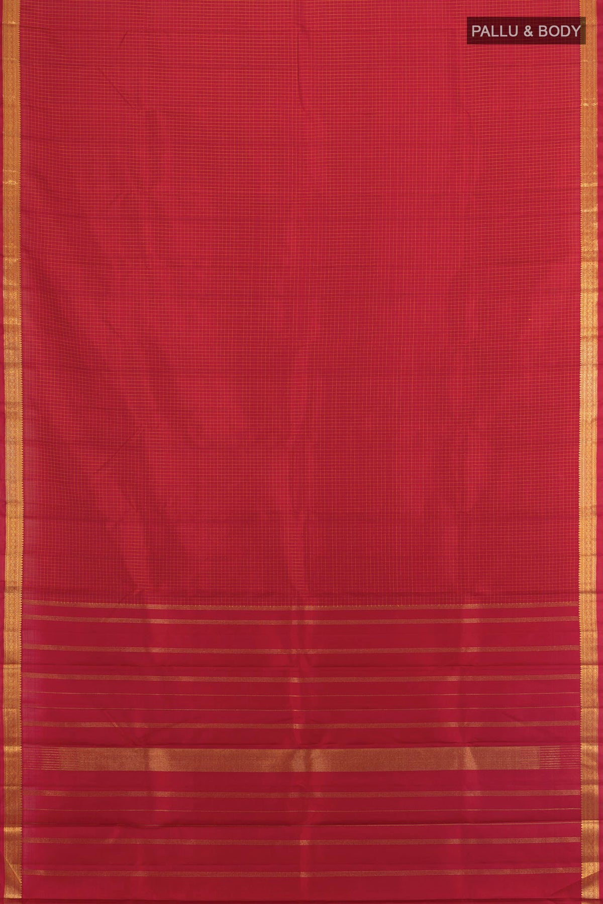 Flat view of Pure Silk Red Kanjivaram Saree with Checked design on the body and Zari Border. 