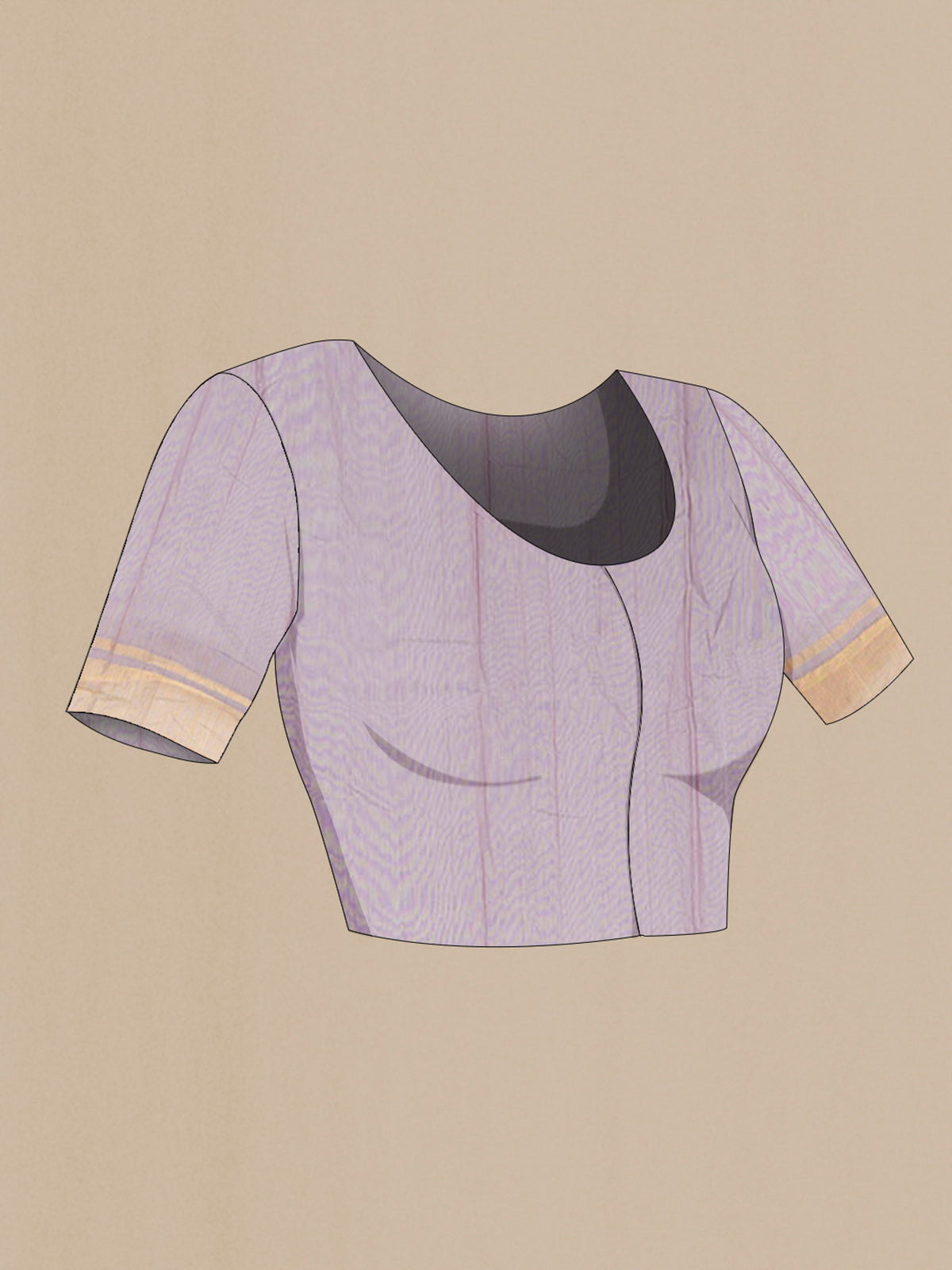 Close up image of the blouse of Lavender Chanderi Cotton Saree with Zari Butta on the body and Zari Border. 