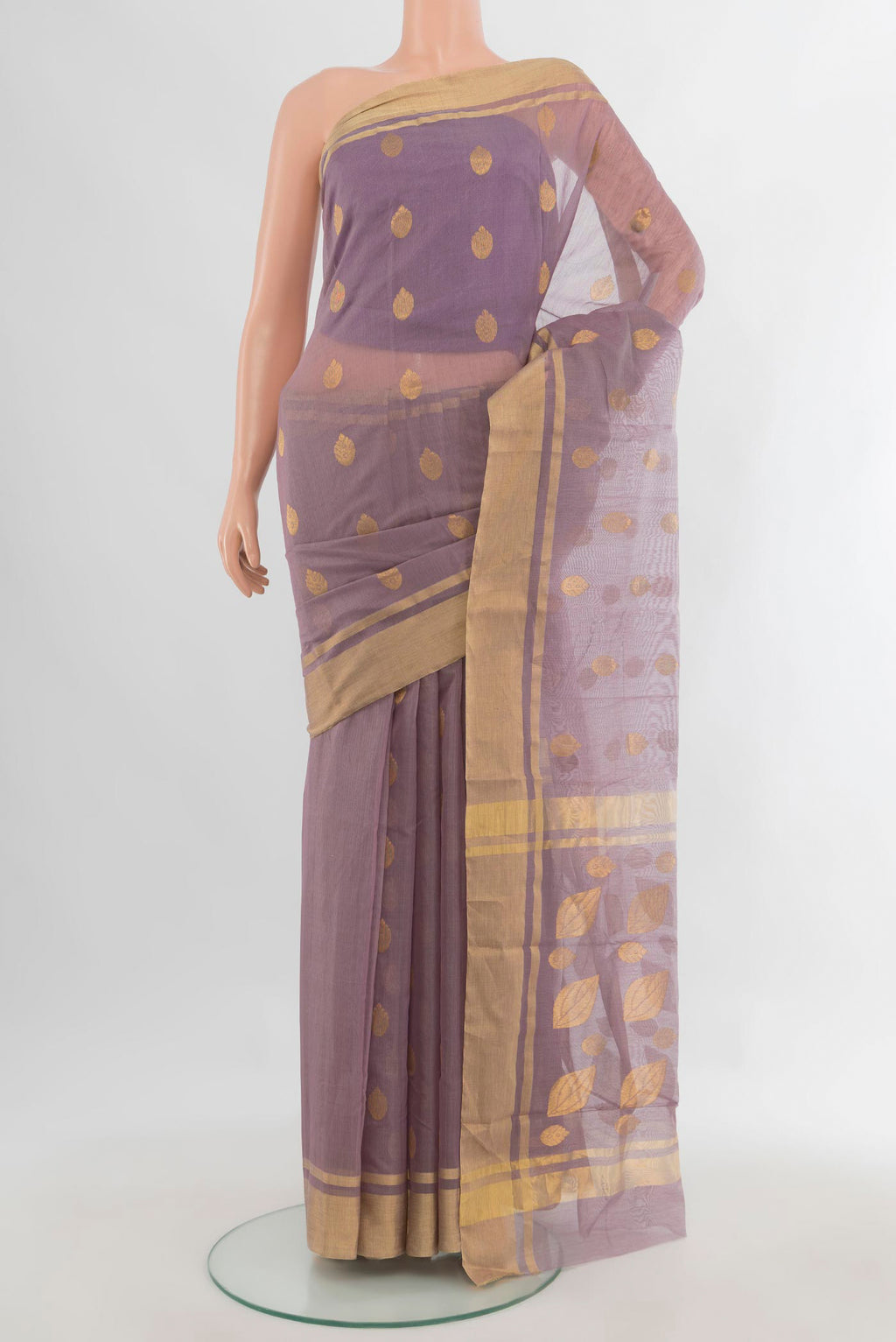 Lavender Chanderi Cotton Saree with Zari Butta on the body and Zari Border.  displayed on a mannequin