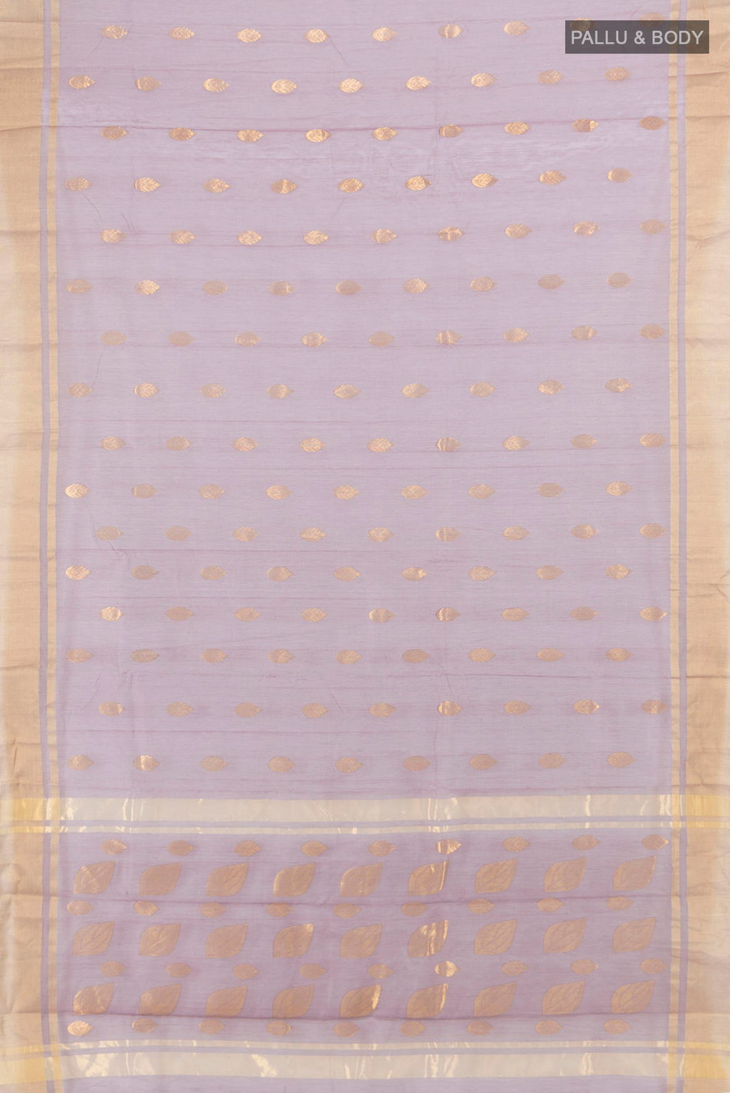 Flat view of Lavender Chanderi Cotton Saree with Zari Butta on the body and Zari Border. 