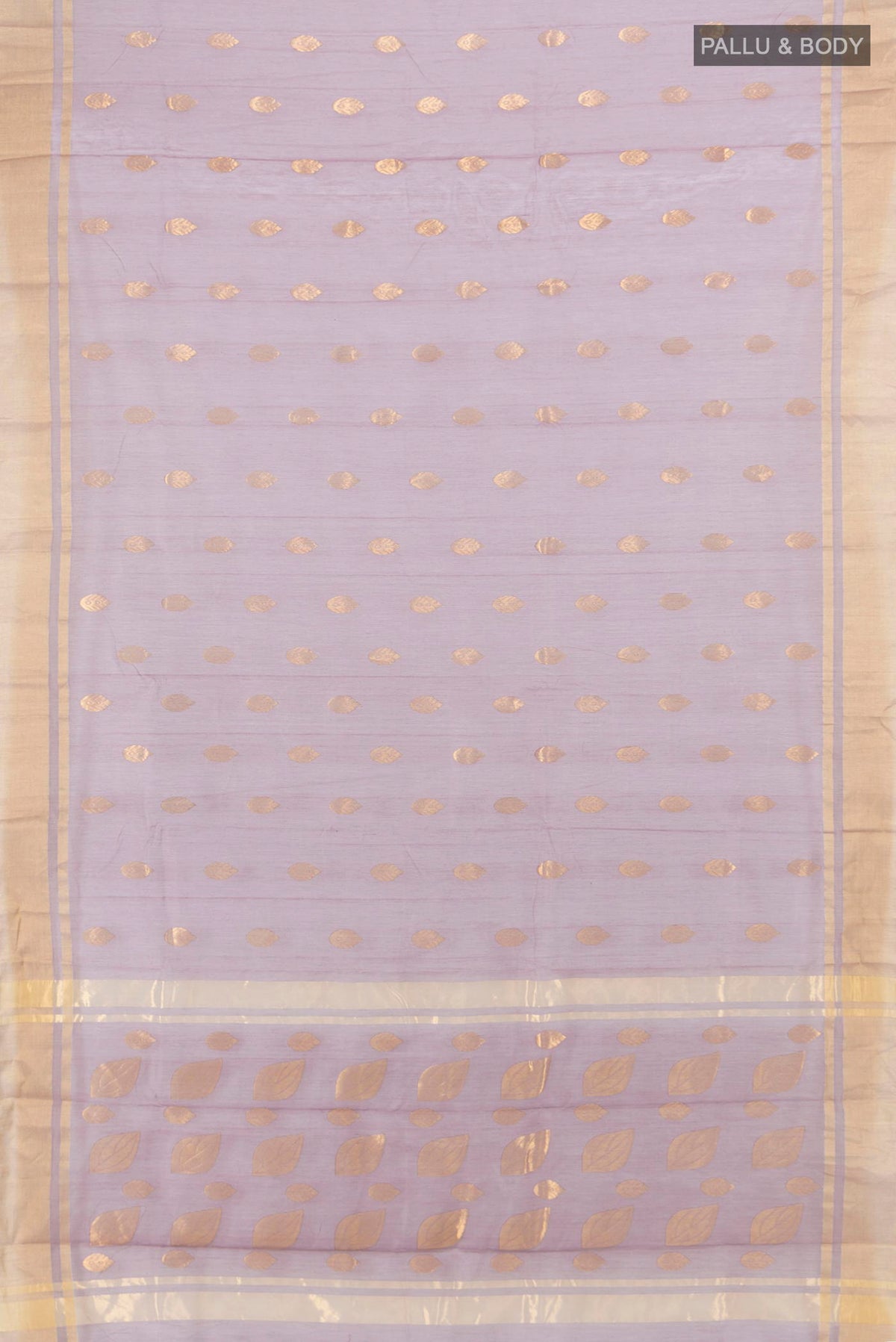 Flat view of Lavender Chanderi Cotton Saree with Zari Butta on the body and Zari Border. 