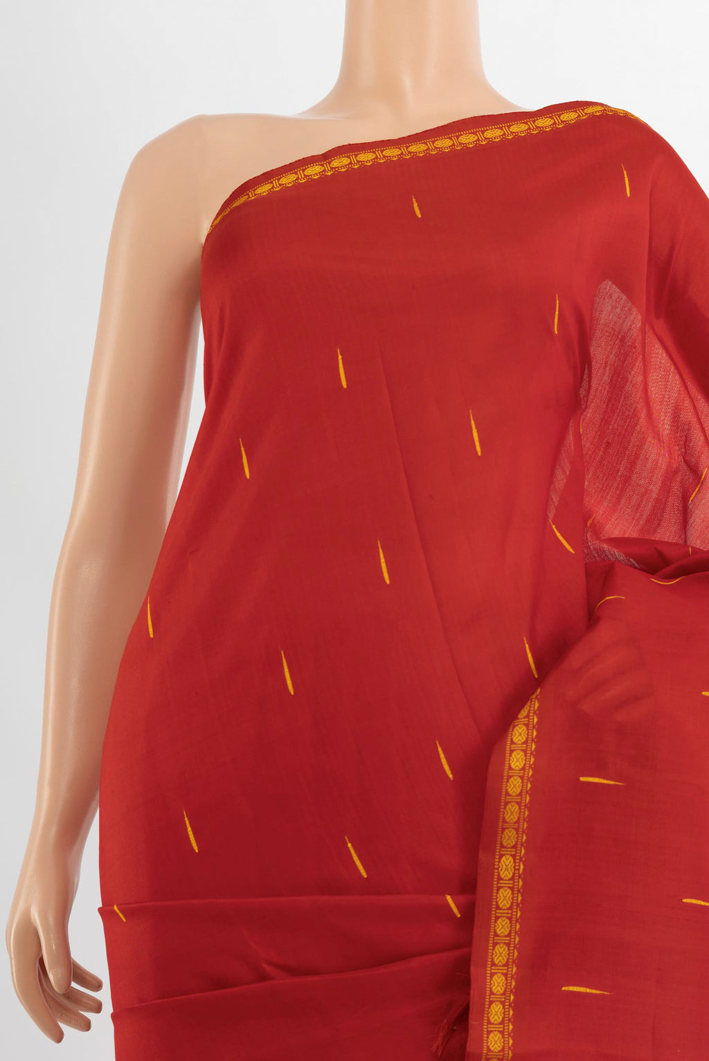 Border image of Red Kanchipuram Silk Saree with Thread Butta on the body and Silk Border. 