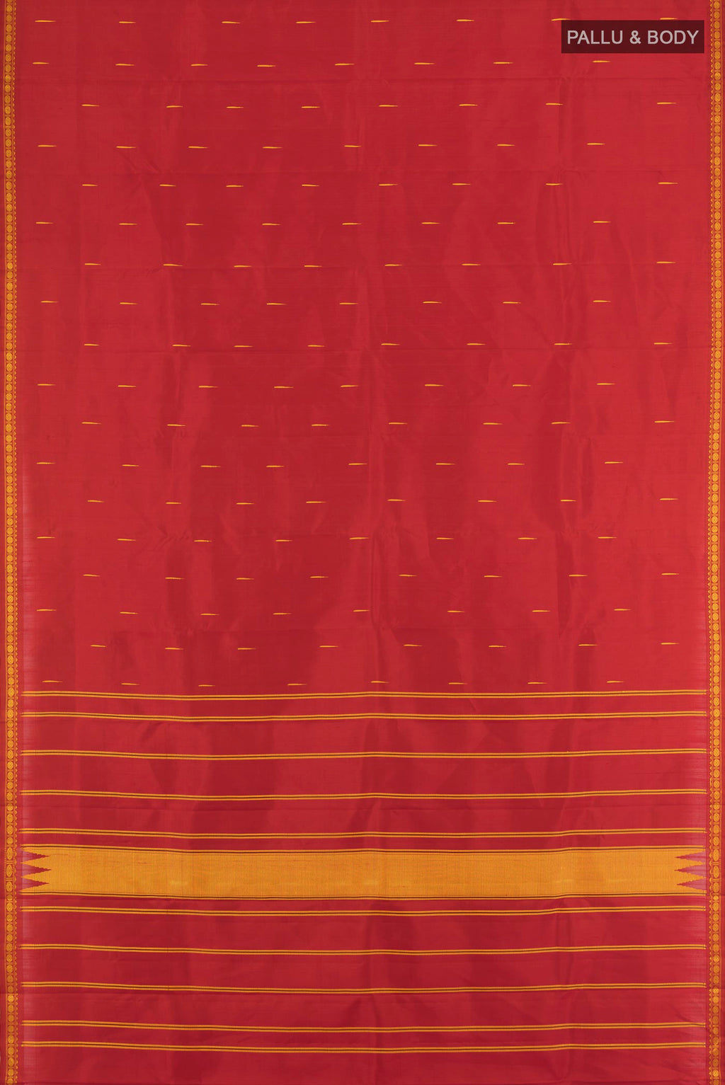 Flat view of Red Kanchipuram Silk Saree with Thread Butta on the body and Silk Border. 