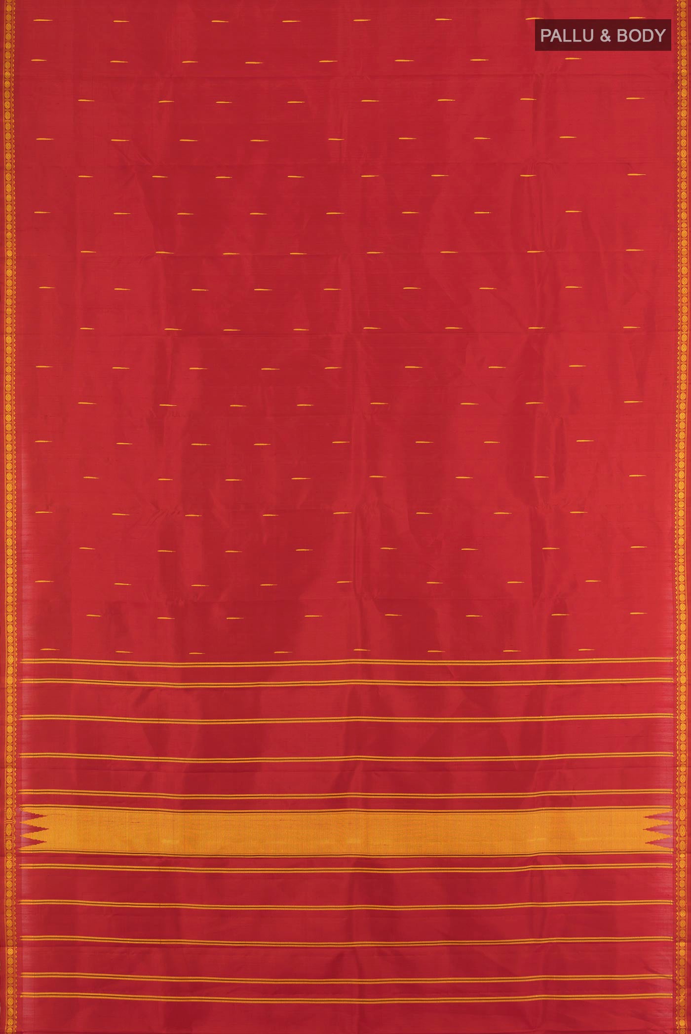 Flat view of Red Kanchipuram Silk Saree with Thread Butta on the body and Silk Border. 