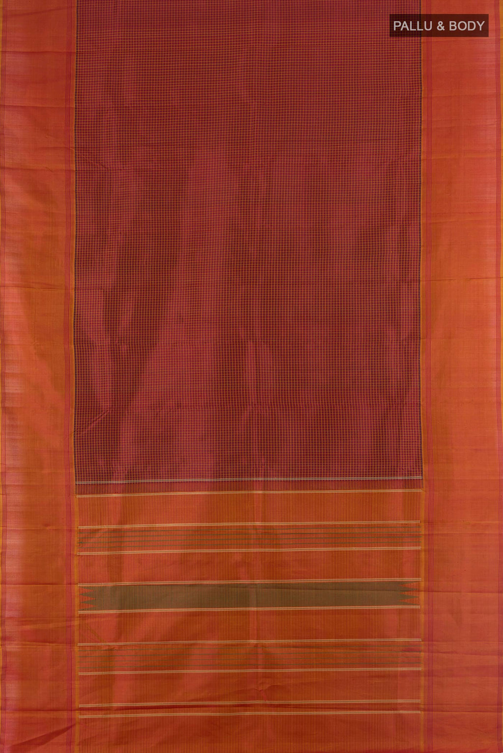 Flat view of Pure Silk Maroon Kanchipuram Saree with Checked design on the body and Plain Border. 