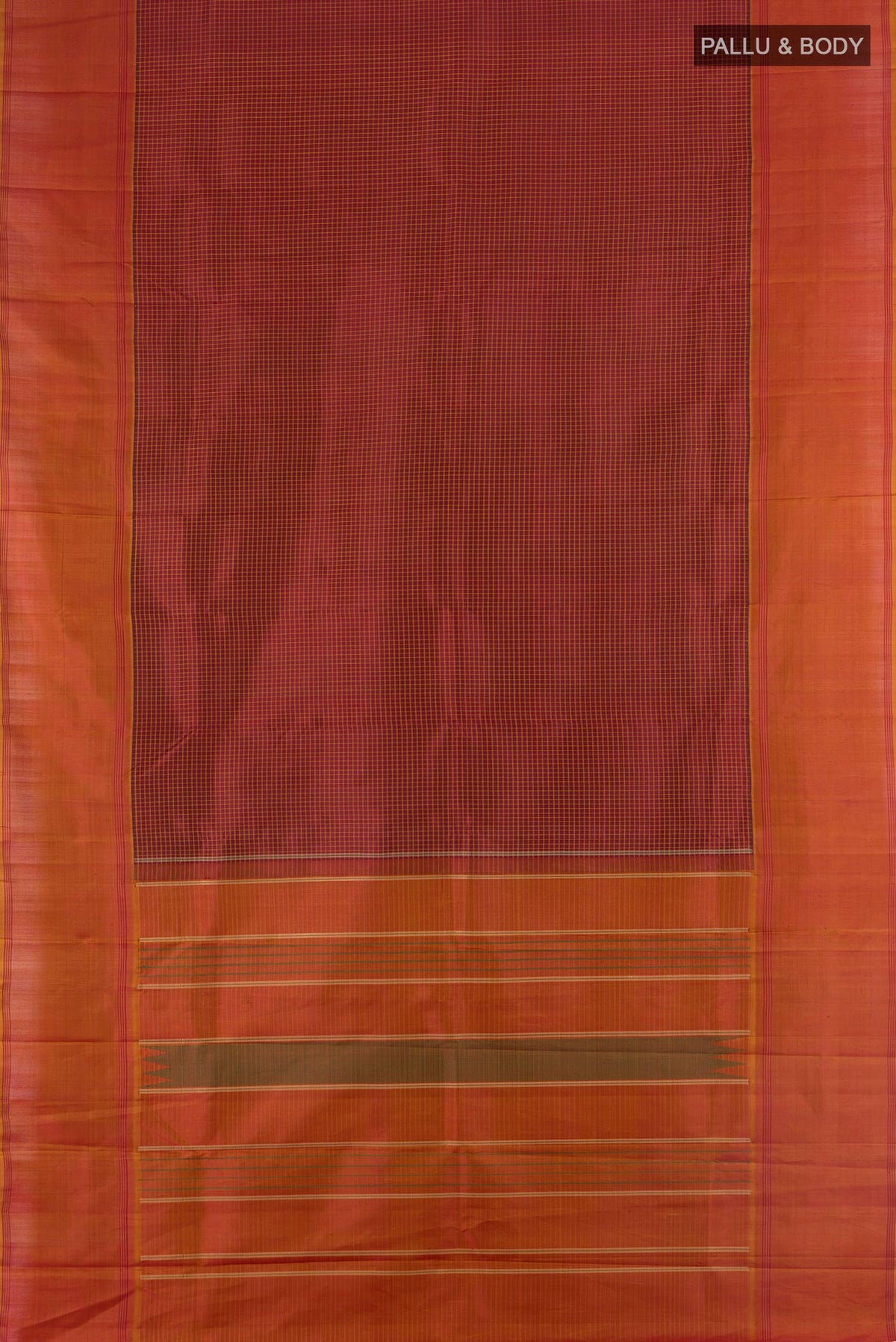 Flat view of Pure Silk Maroon Kanchipuram Saree with Checked design on the body and Plain Border. 