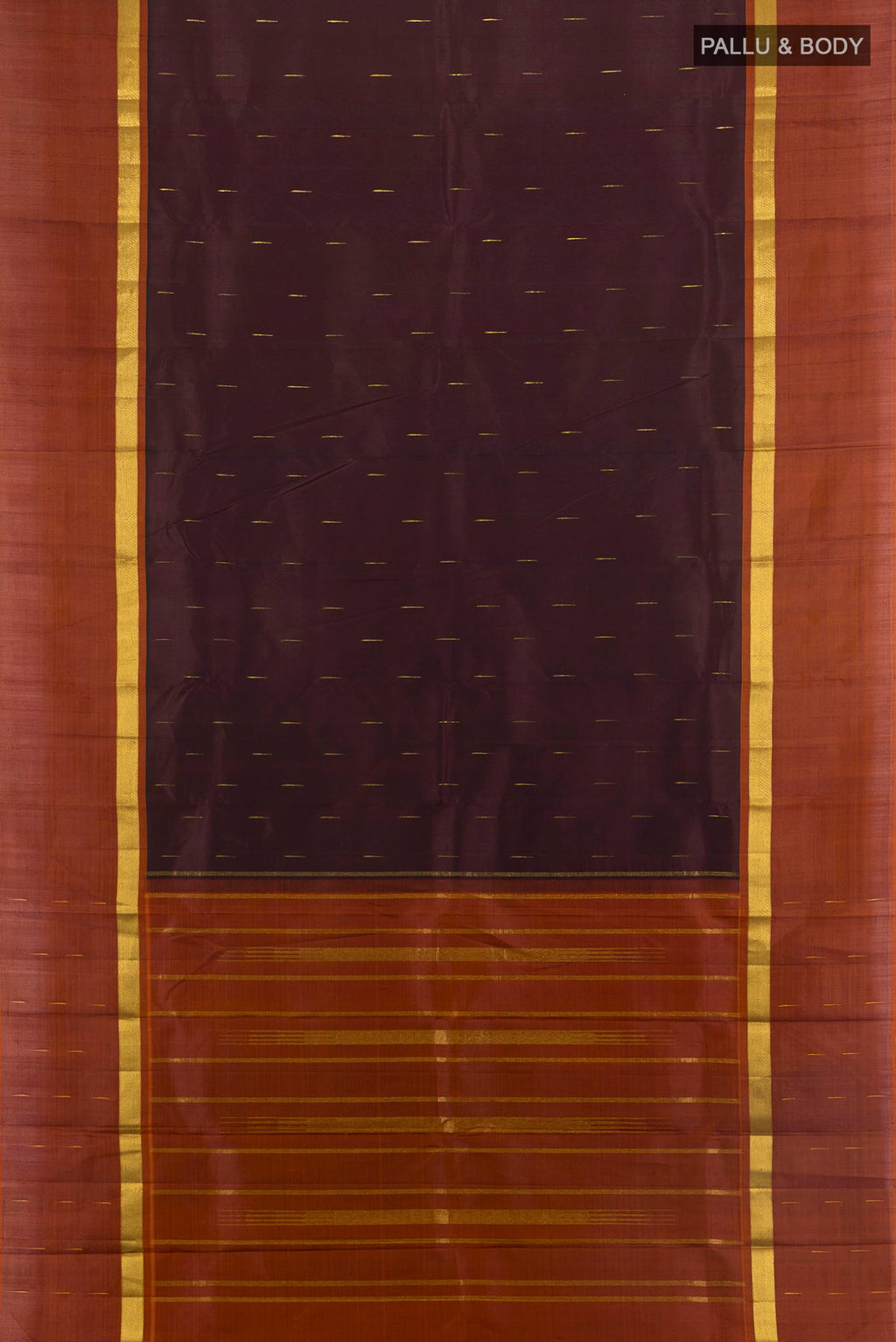 Flat view of Pure Silk Pure Zari Coffee Brown Kanchipuram Saree with Zari Butta on the body and Silk Border. 