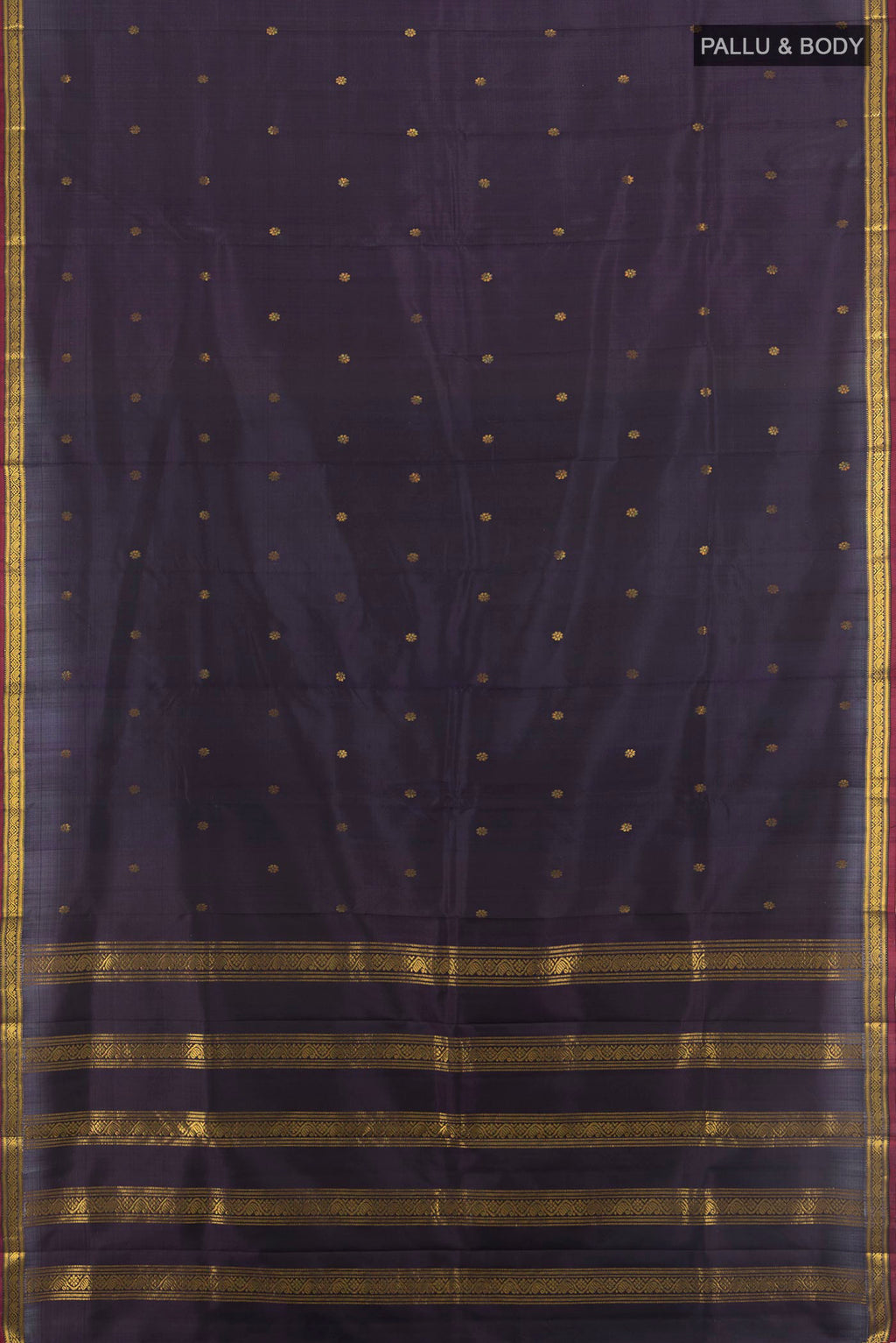 Flat view of Pure Silk Navy Blue Kanchipuram Saree with Zari Butta on the body and Zari Border. 