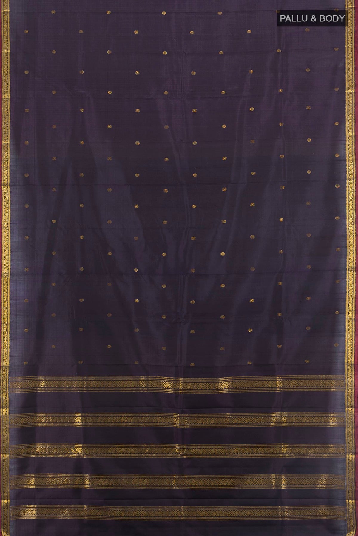 Flat view of Pure Silk Navy Blue Kanchipuram Saree with Zari Butta on the body and Zari Border. 
