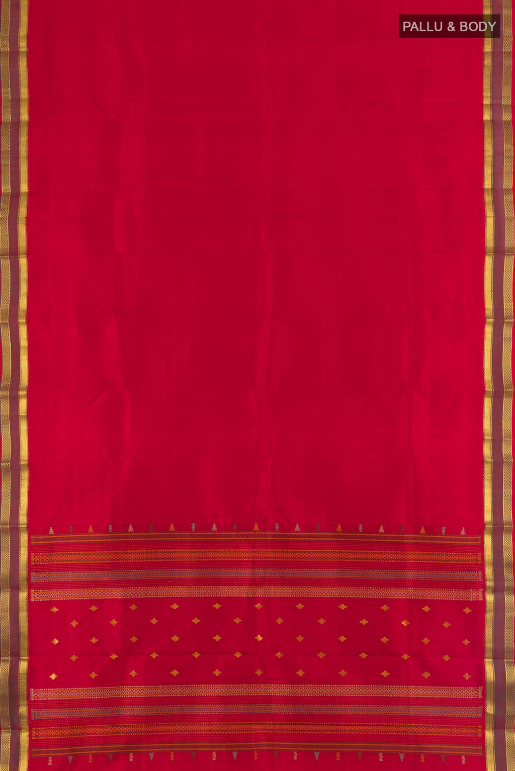 Flat view of Pure Silk Red Kanchipuram Saree with Plain Body and Zari Border. 
