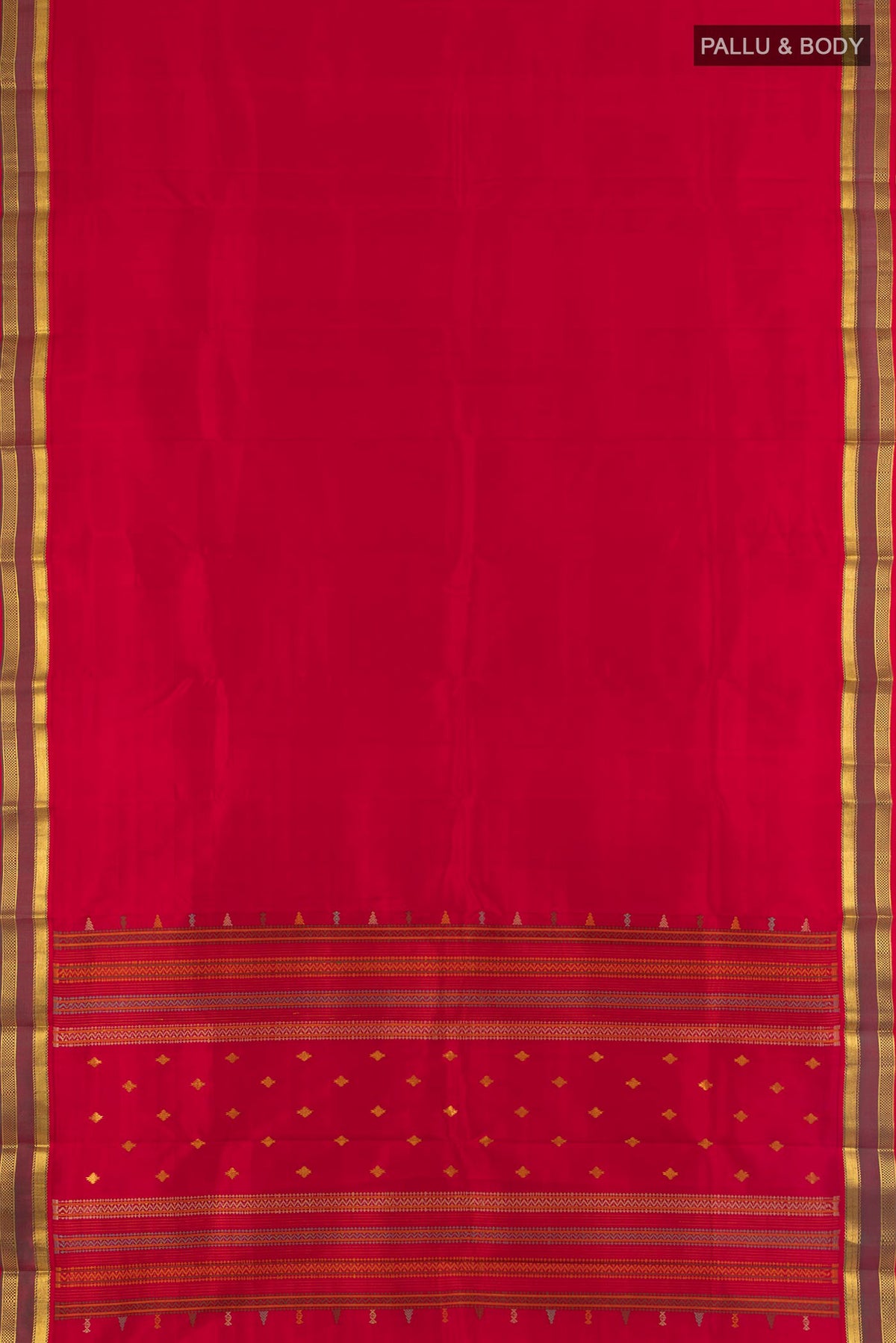 Flat view of Pure Silk Red Kanchipuram Saree with Plain Body and Zari Border. 