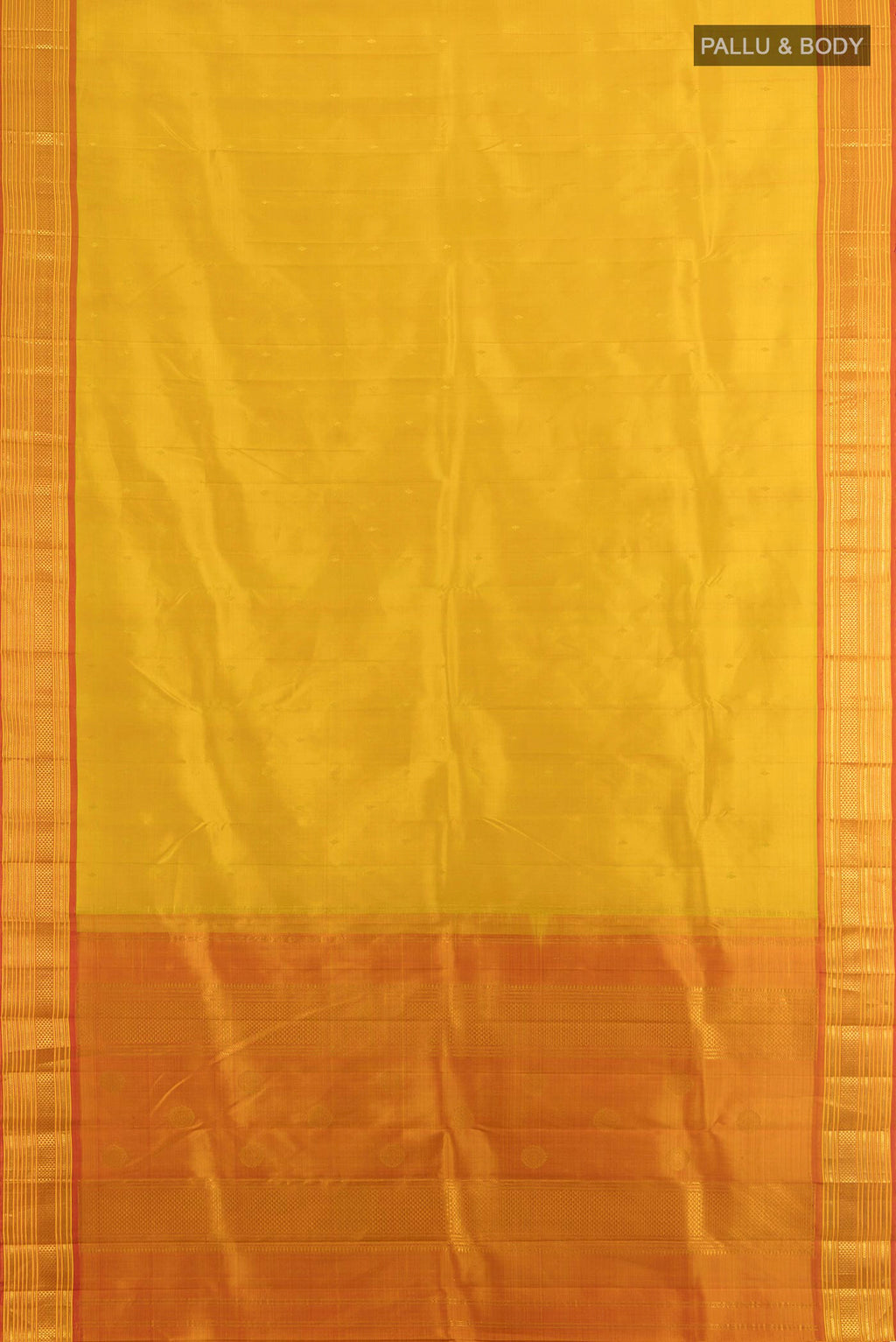 Flat view of Pure Silk Mustard Kanchipuram Saree with Zari Butta on the body and Silk Border. 