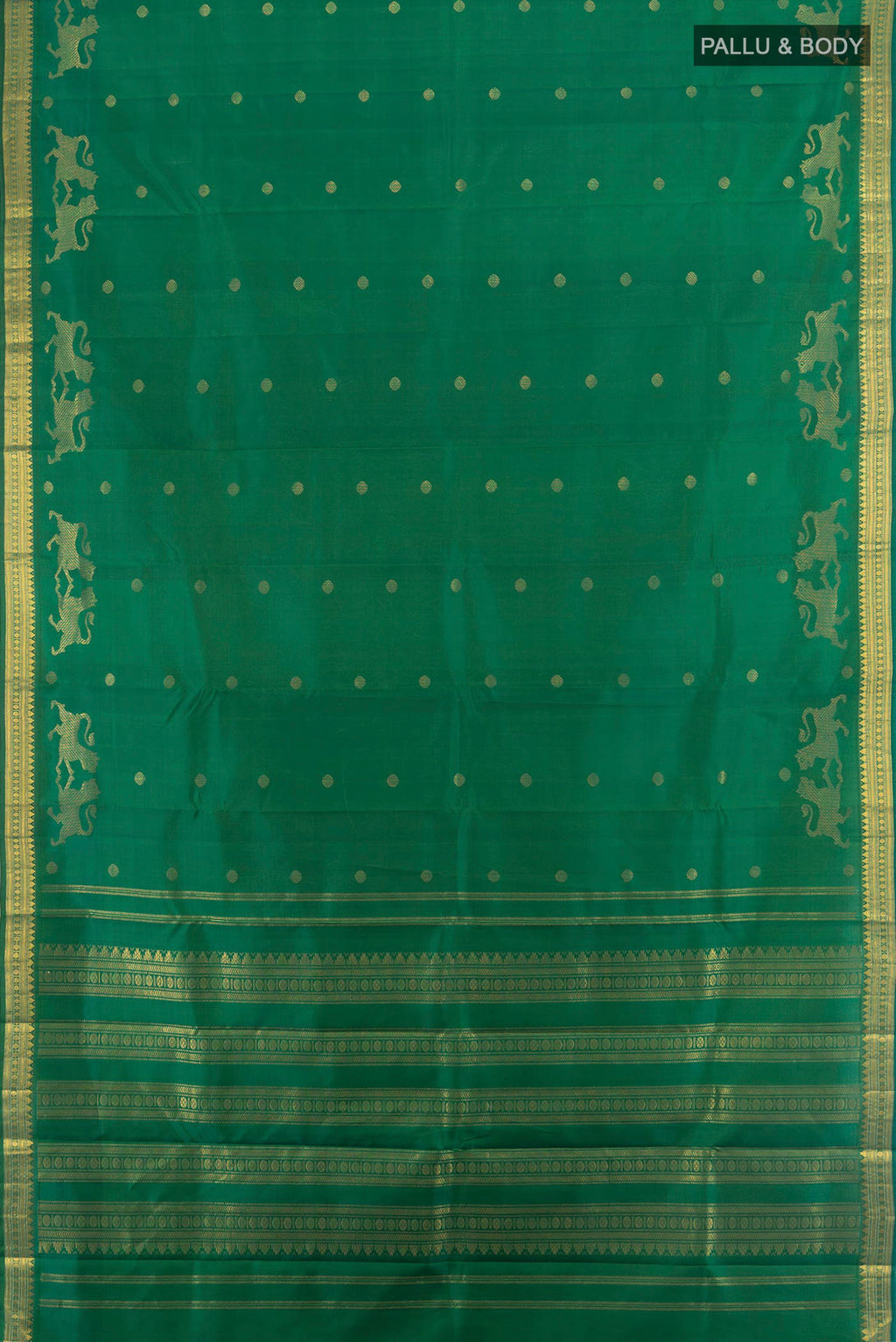 Flat view of Pure Silk Green Kanjivaram Saree with Zari Butta on the body and Zari Border. 