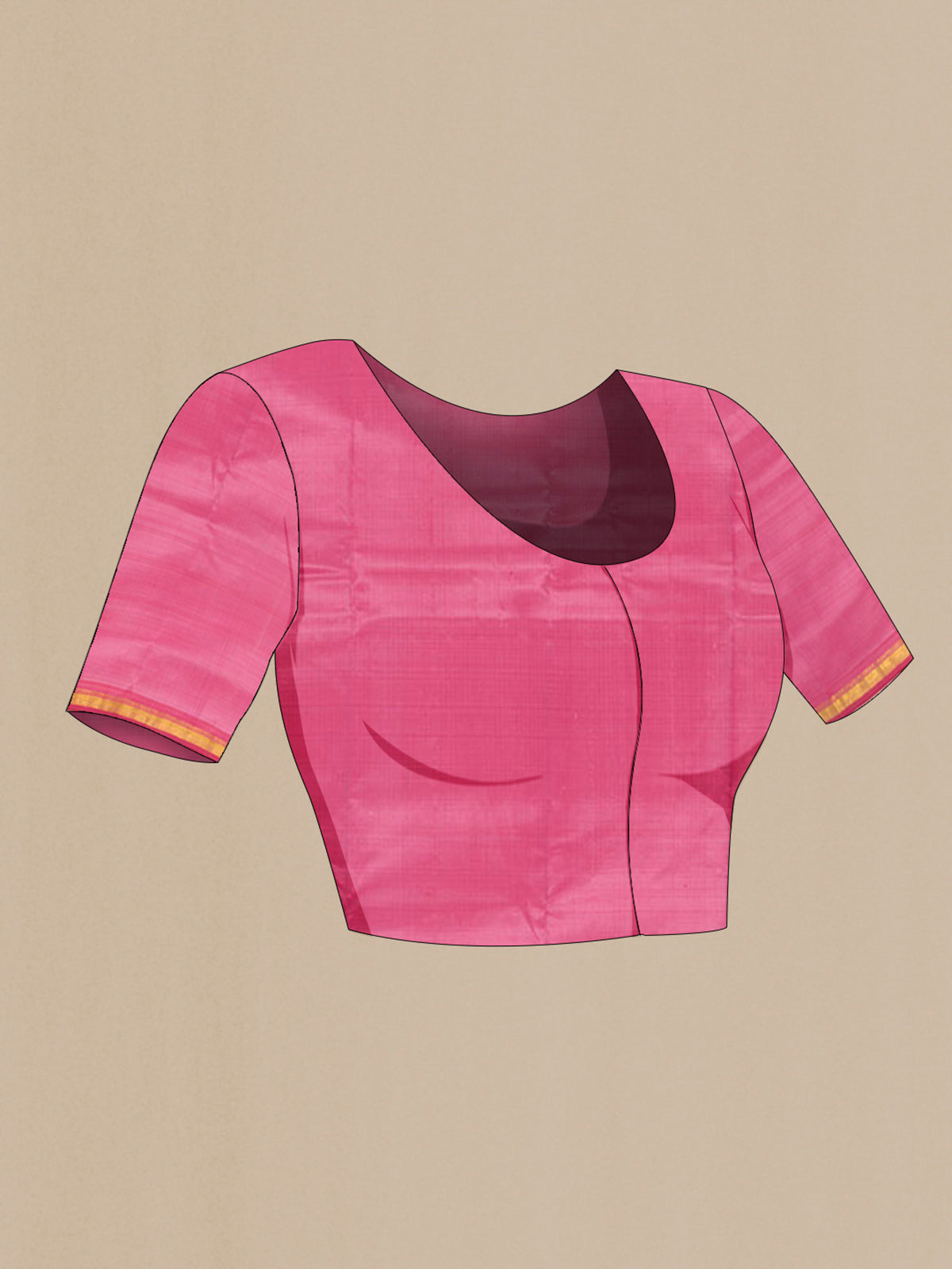 Close up image of the blouse of Pure Silk Pink Kanchipuram Saree with Plain Body and Zari Border. 